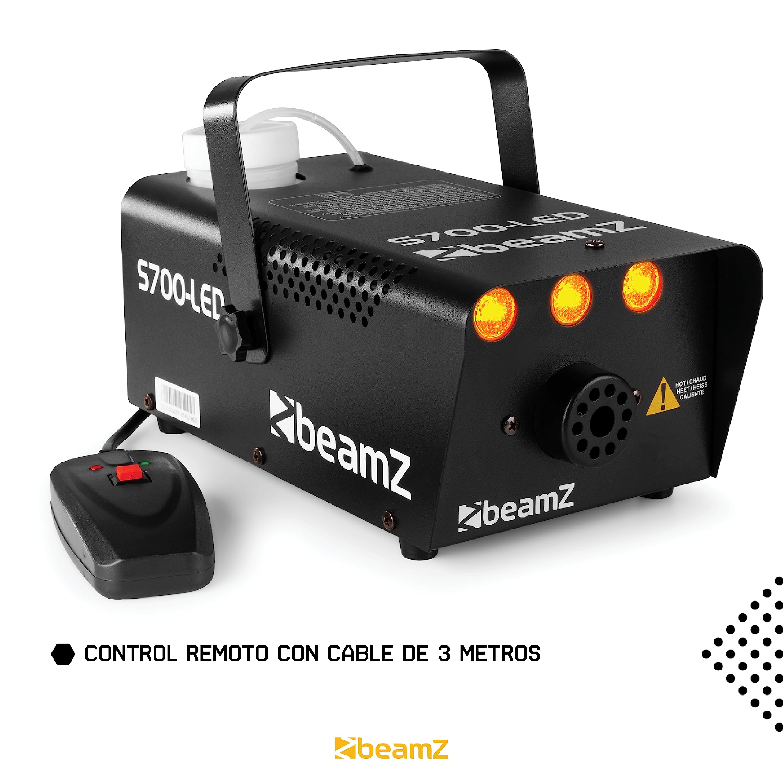 Beamz S-700-LED - Máquina de humo con leds ámbar para generar efecto fuego, 700w, genera 75m3 de humo por minuto, mando a distancia con cable de 3m, calentamiento rápido, perfecto para eventos