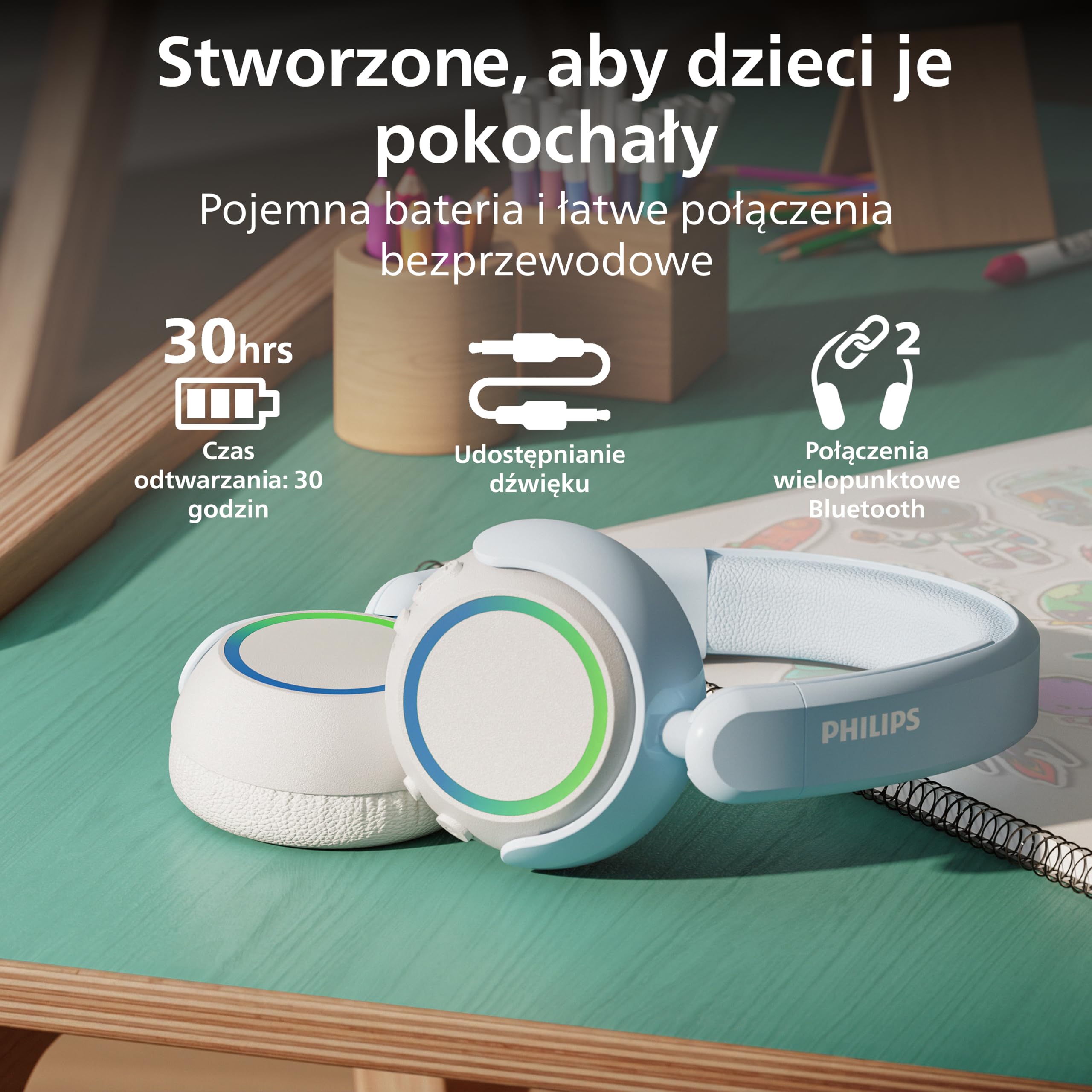 Philips Bezprzewodowe składane słuchawki nauszne dla dzieci TAK4200BL (Seria 4200), z ograniczeniem głośności, Audio Sharing, kabel 3,5 mm i USB‑C w zestawie – białe