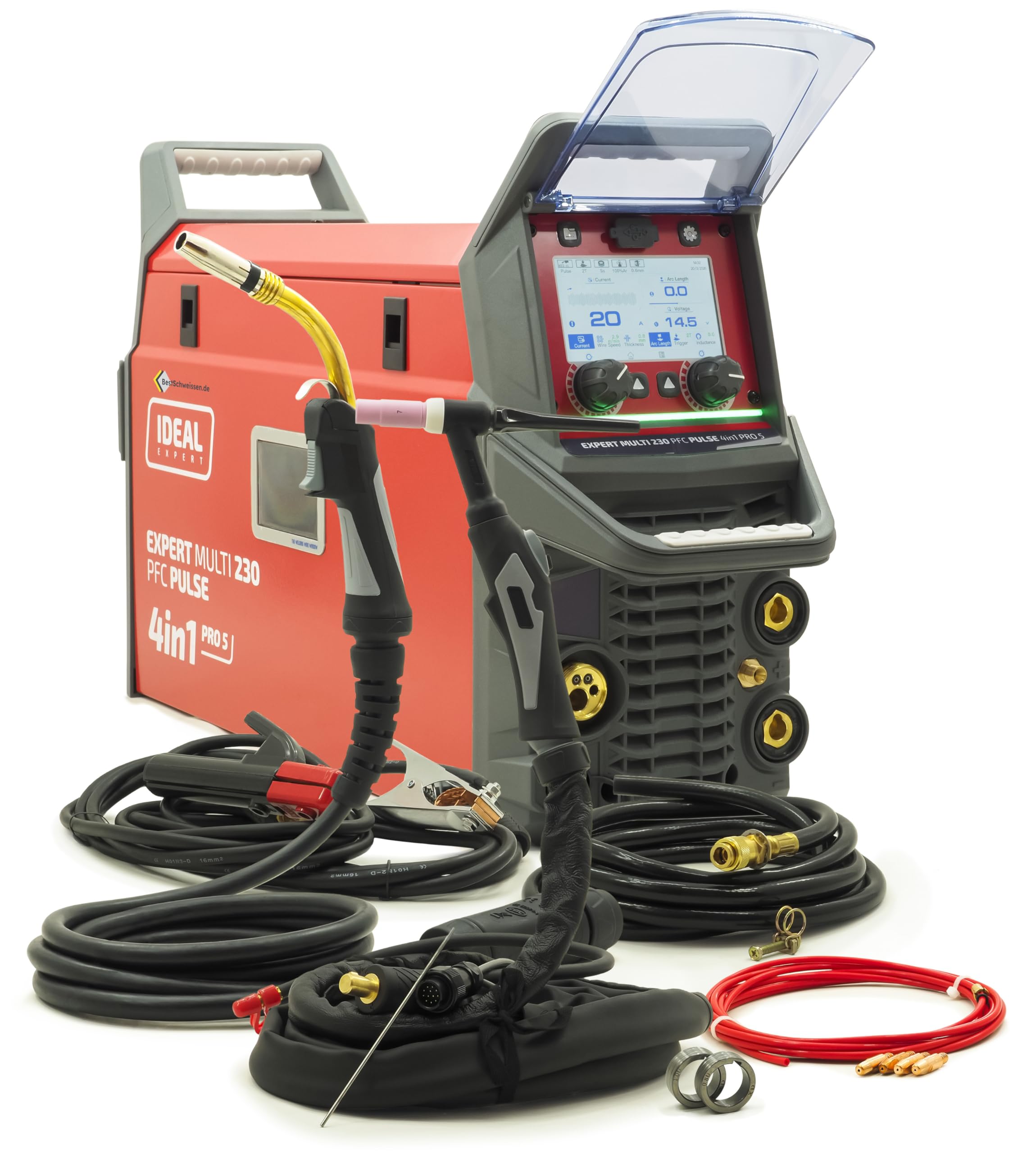 IDEAL Expert Multi 230 PFC Pulse 4 en 1 Pro5 - Máquina de soldar combinada, inversor MIG MAG WIG, alambre de llenado sin gas con función de pulso, sinérgico, 230 A, para acero, aluminio, acero
