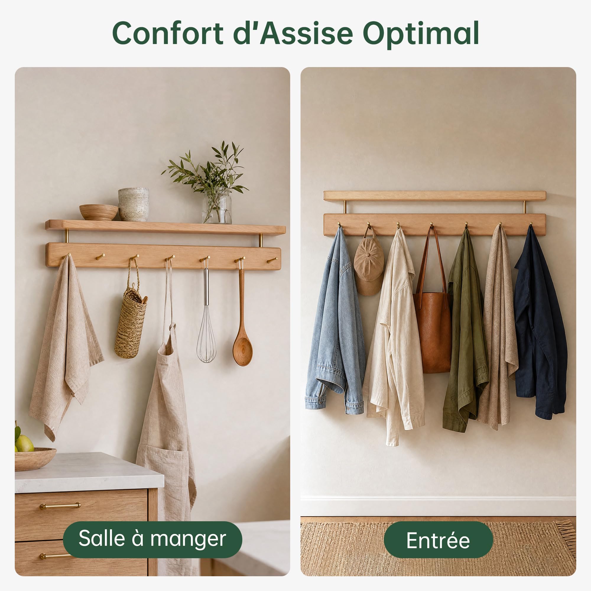YESWOOD Porte Manteau Mural en Hêtre Massif, 7 Crohets en Laiton, Porte Clé Mural avec Étagère, Patère Mural pour Vêtements, Chapeaux, Serviettes, Hêtre Naturel