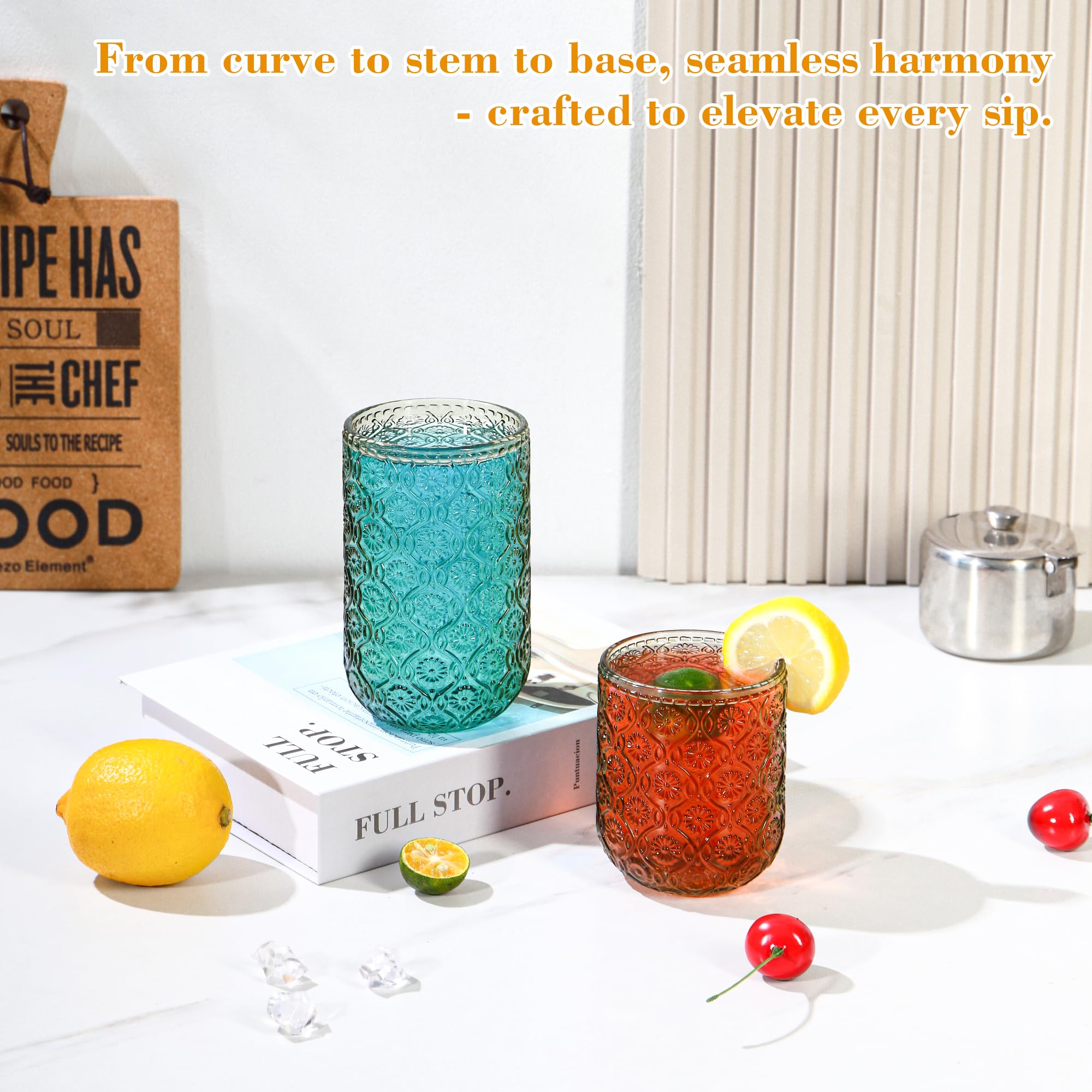 Juego de 12 vasos vintage verdes con relieve floral, vasos altos y de cóctel (12 onzas y 10 onzas) | Ideal para agua, jugo, cerveza, cócteles y whisky