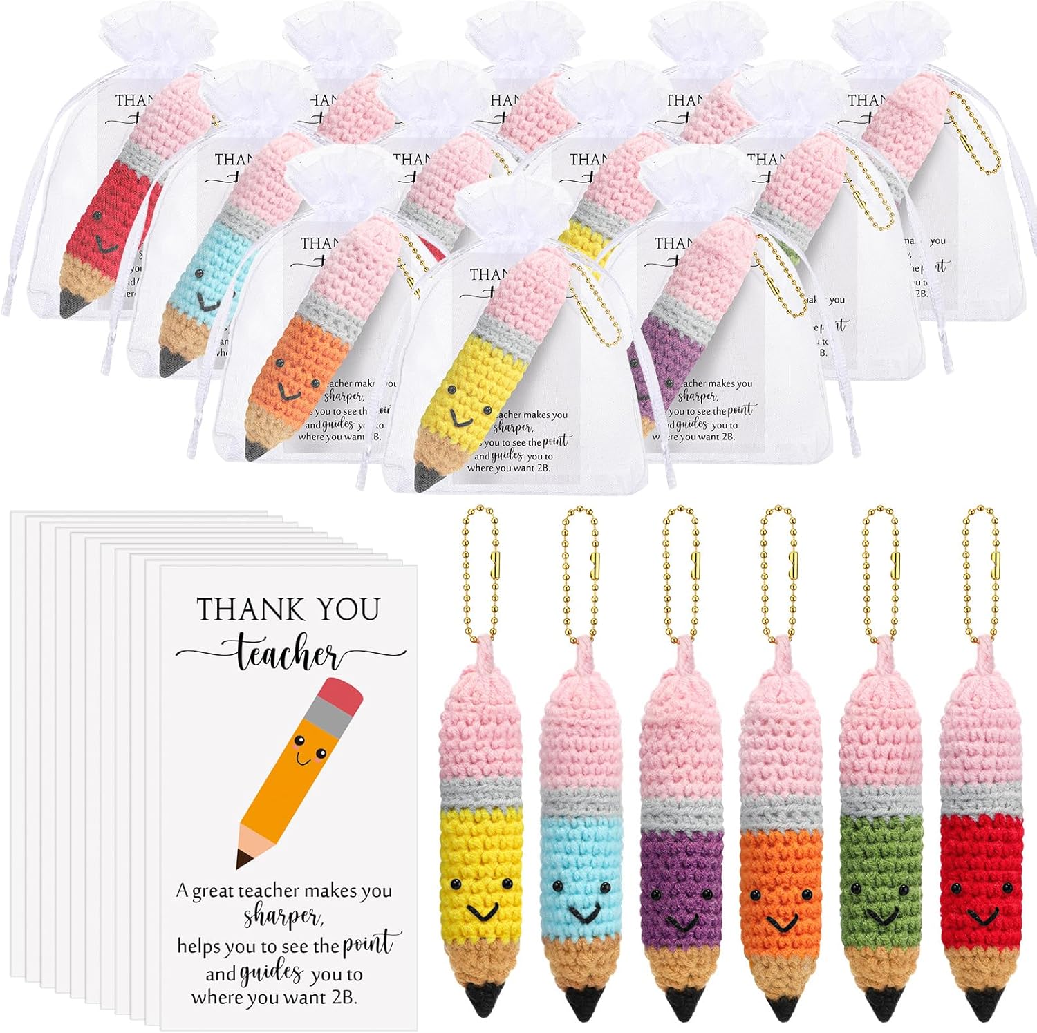 Poen 24 Sets Teacher Appreciation Gifts Crochet Knitted Pencils Thank You Teacher Card Set, 6 Colors Pencil Sign Gift Greeting Card and Drawstring Organza Bags for Teachers School Office