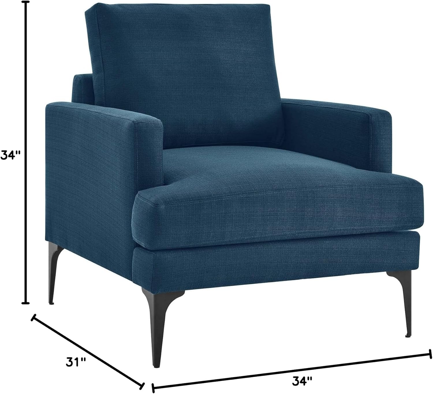 Diagram showing the dimensions of the Modway Evermore Chair: 34 inches height, 31 inches width, 34 inches depth.