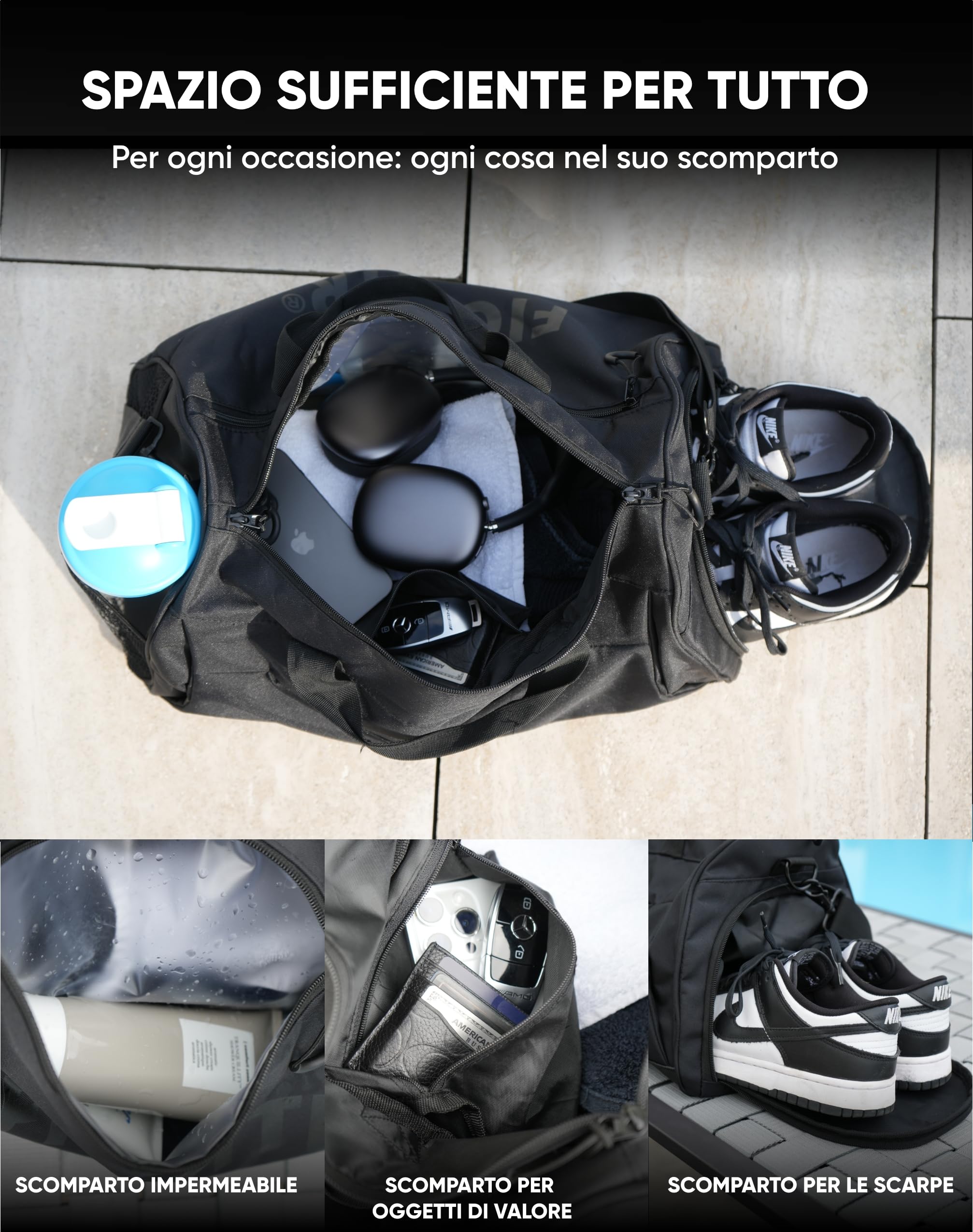 FIGHTR® Borsa sportiva e borsa da viaggio per uomo e donna, con scomparto per scarpe e scomparto bagnato, borsa per sport, fitness e viaggi, borsa per allenamento, palestra, arti marziali