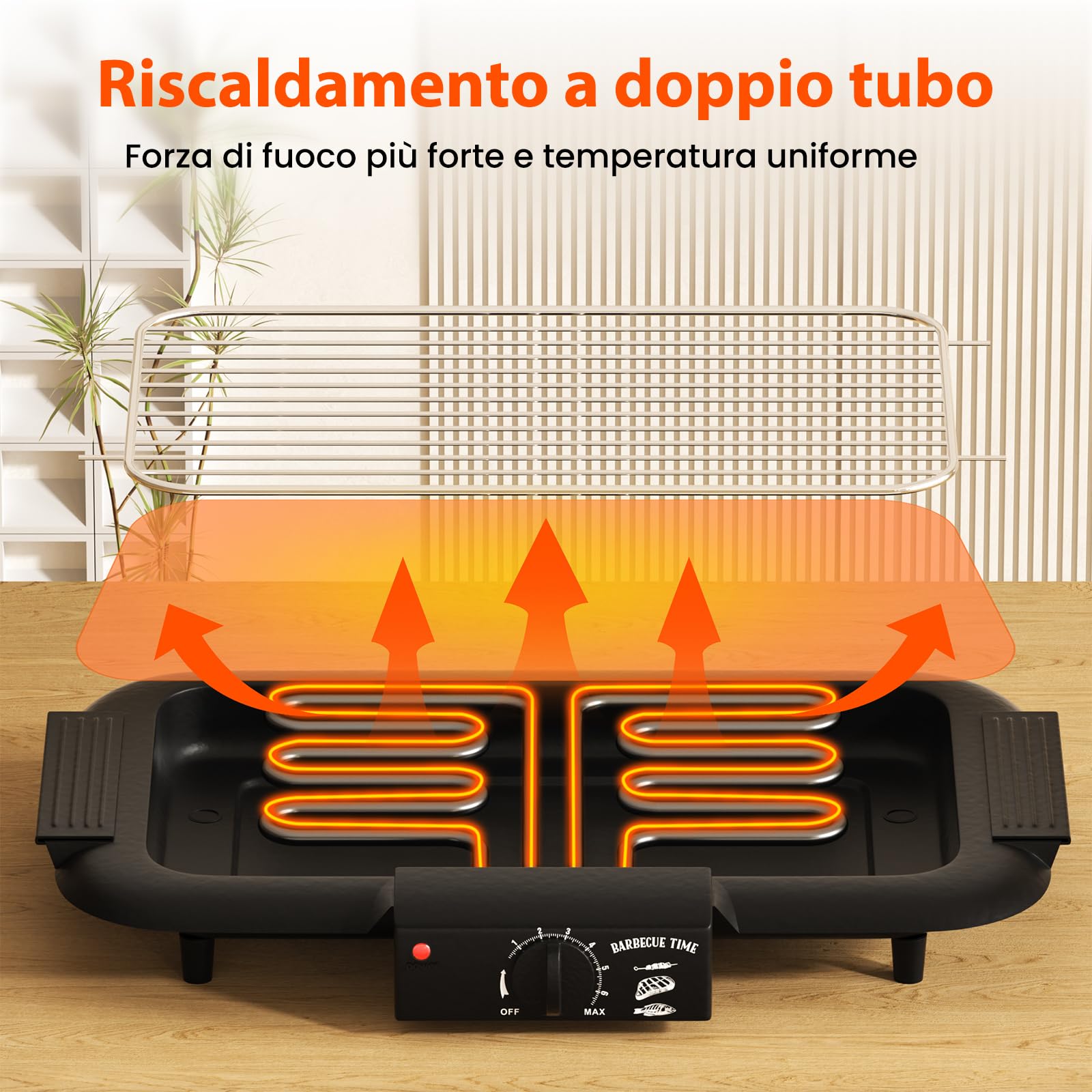 Barbecue elettrico 2000 W antiaderente senza fumo per interni esterni griglia portatile rimovibile doppio tubo nero