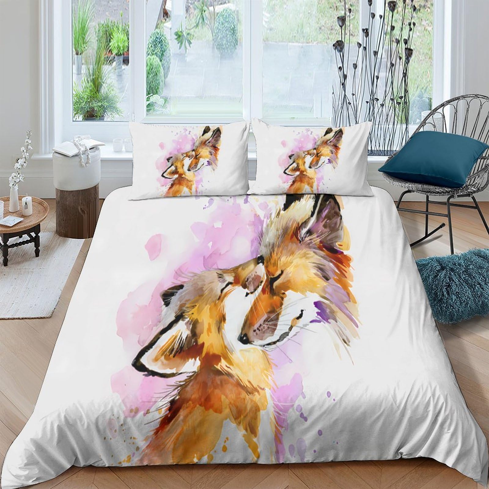 Ctjqhvkz Style-5 3D Printed Watercolor Fox Fitted Sheet Microfiber Soft Breathable Pink Artistic Bed Cover For Bedroom Guest Room Decor Single（135X200cm）