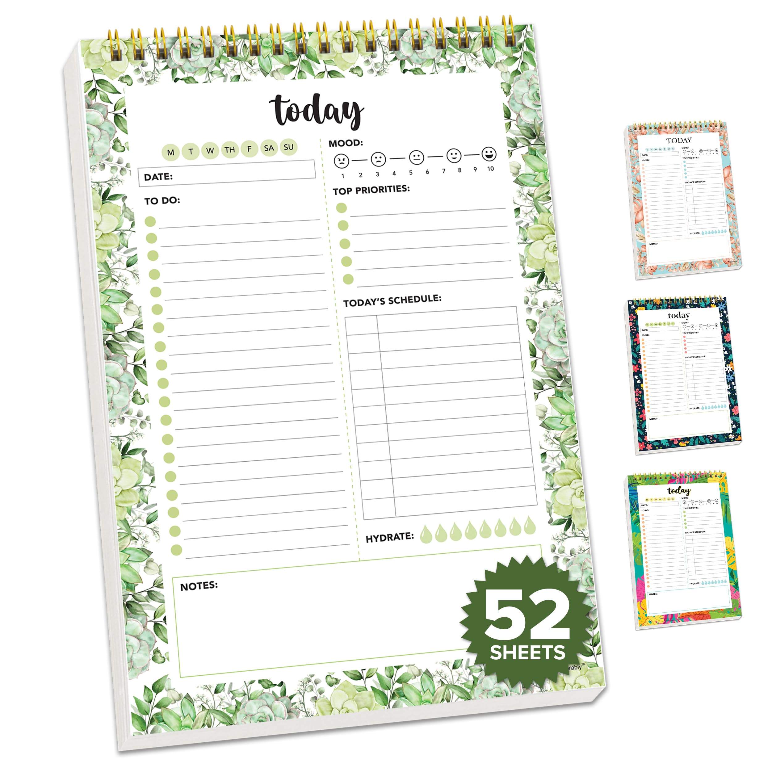 Decorably 52 Sheets Greenery Undated Daily to Do List Notepad with Water Tracker, 6.5x10" Spring-Bound Planner Pad, Easy Tear-Off Design, with Focus,