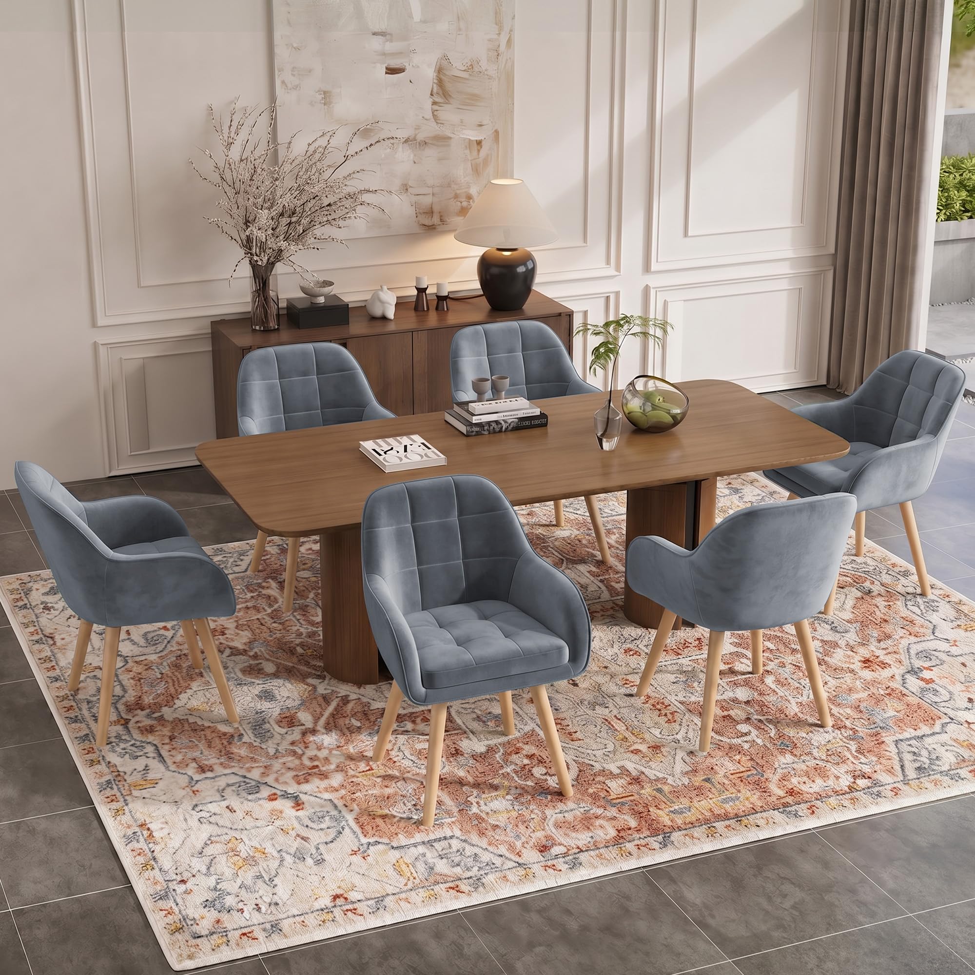 ELUCHANG Esszimmerstühle 4er Set, 10cm Dicke Polsterung Stuhl mit Hohen Armlehnen, Grau Samt, Massivholzbeine + Metallbasis bis 150 kg Belastbar, für Schlafzimmer Küche Wohnzimmer