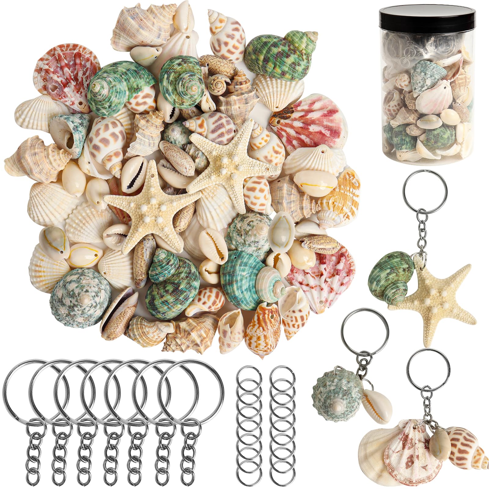 HAPYSHOOP 85pcs Mixed Sea Shells with Hole Ocean Seashells Starfish Various Sizes Beach Seashells with Hole and 50pcs Keychain for Jewelry Making DIY Crafts, Home Wedding Decorations