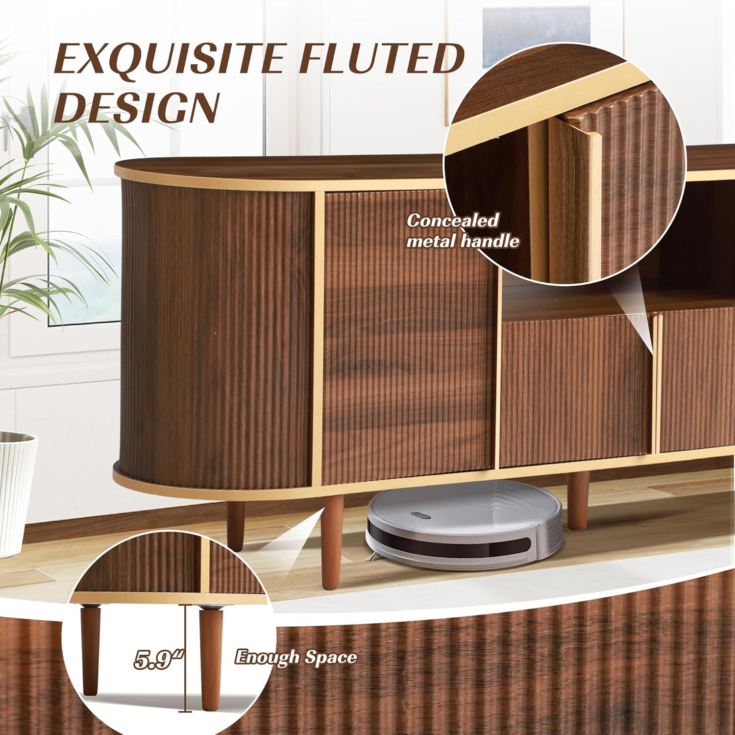 Fluted TV Stand for Living Room, 63" Entertainment Center with Storage for 65/70/75 TVs, Mid-Century Modern Media TV Console Table w/Cabinets, Adjustable & Open Shelves for Bedroom (Brown)