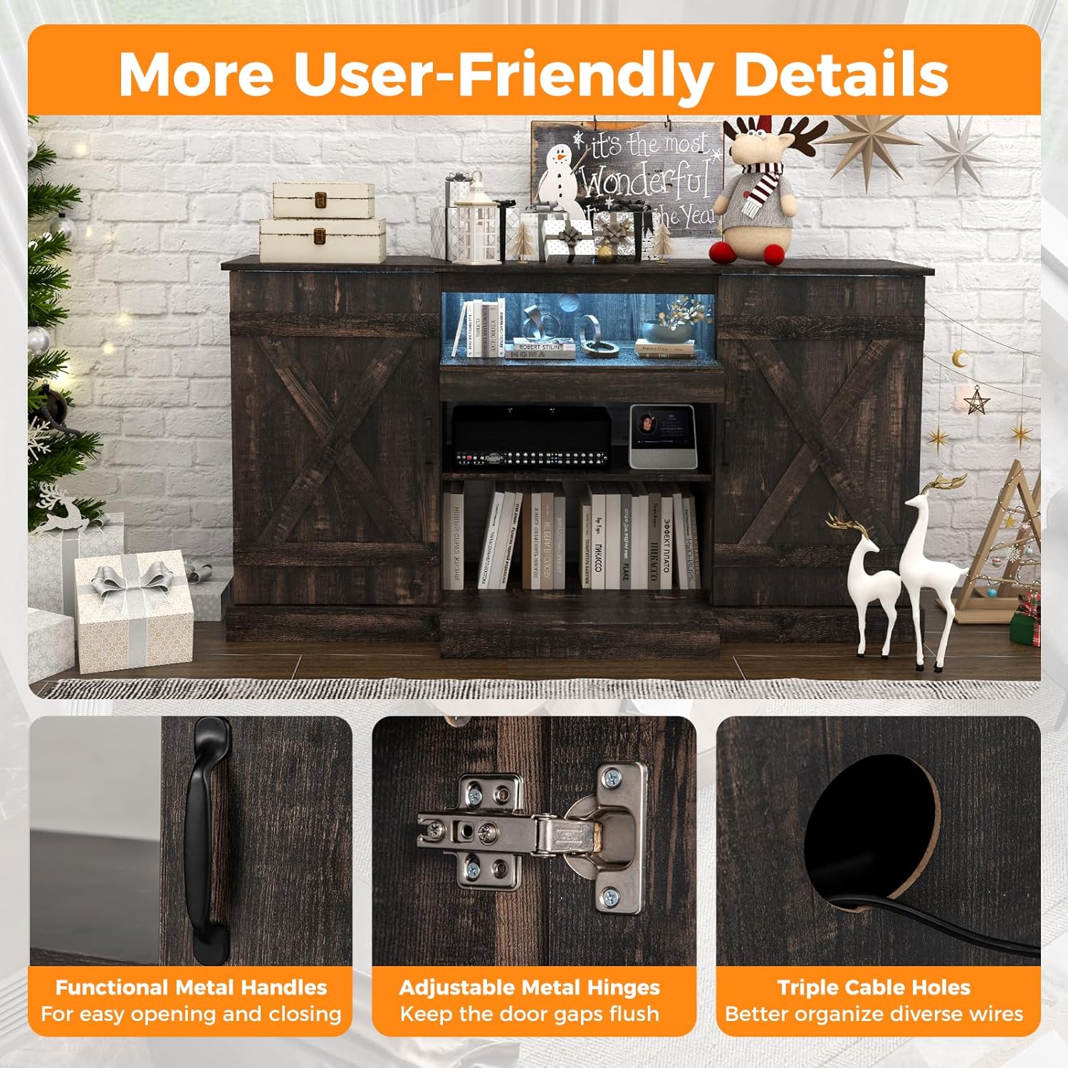 RELAX4LIFE Farmhouse TV Stand for TVs up to 68’’ - 59’’ Media Console Table w/LED Lights, 22 Dynamic Modes, TV Cabinet with Storage & 3-Level Adjustable Shelves, Entertainment Center for Living Room
