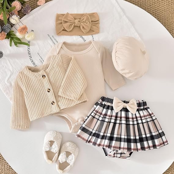 Infant Baby Girl Fall Winter Skirt Outfit with Cardigan 5Pcs 0-18 Months