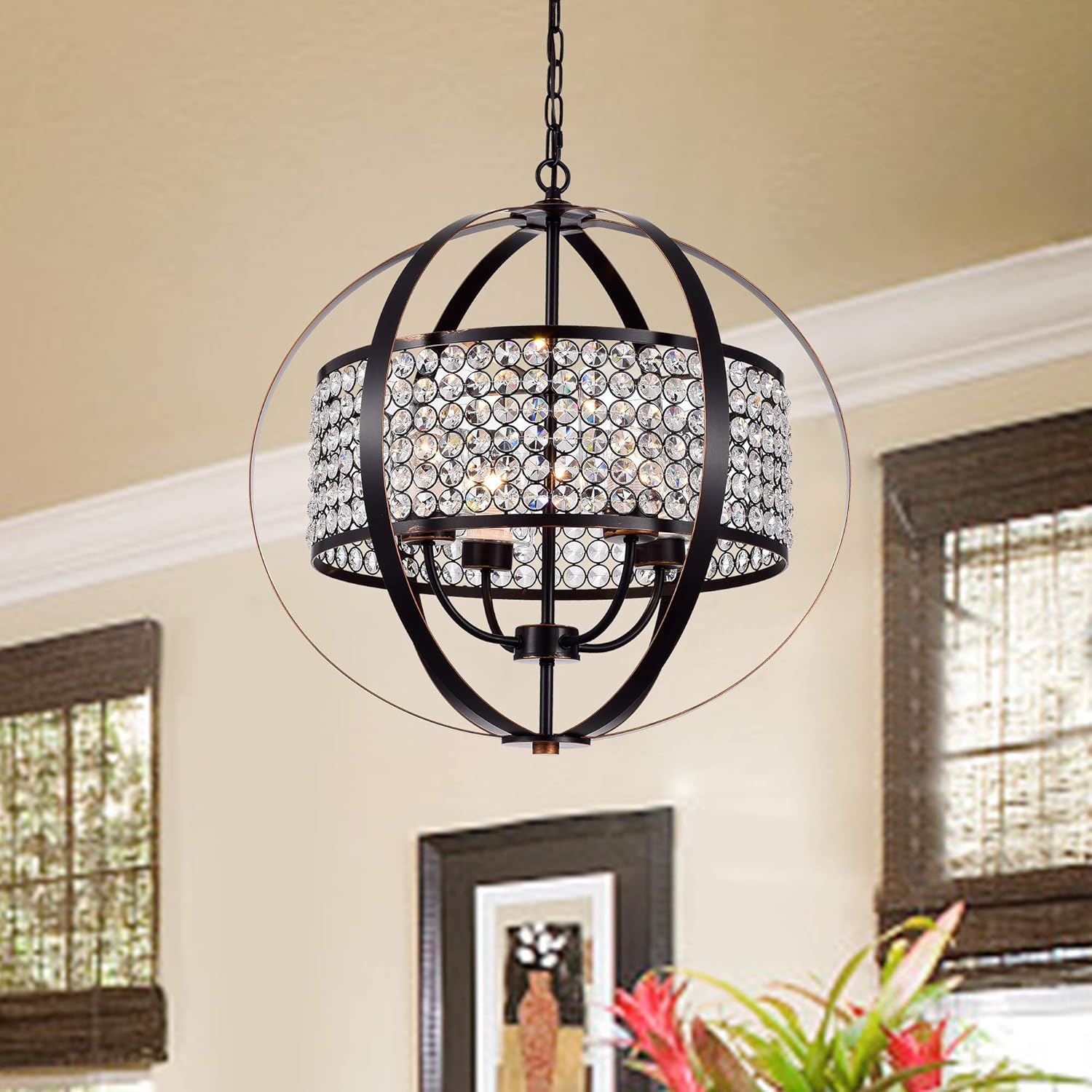 Best Review Warehouse of Tiffany RL8322ORB/RD Elizabeth Oil Rubbed Bronze 4-Light Globe Crystal Shade Pendant, Brown