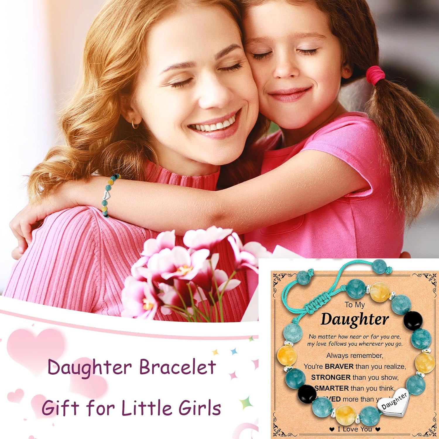 Granddaughter Daughter Gifts -Heart Natural Stone Beaded Bracelet for Girls, Valentines Birthday Gifts for Girls Daughter Granddaughter - Image 3