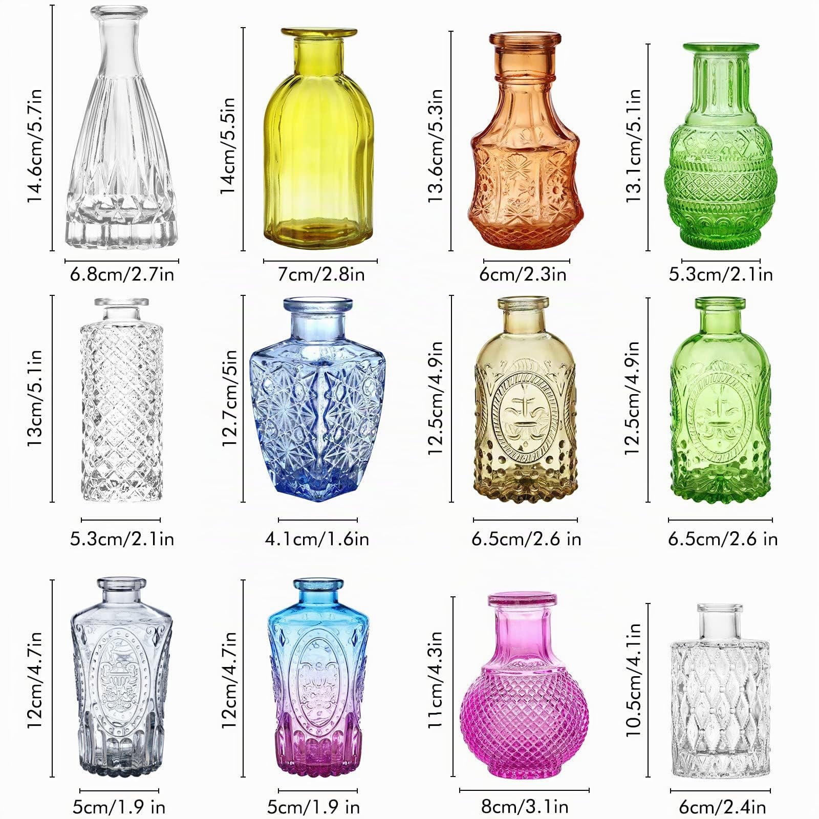 Kleine Vasen Set mehrfarbig 24Stück Mini Vase Glas Vintage Hochzeit Kristalle Klare Blumenvase Verschiedene Groessen Modern Schmal Glasvasen Tischdeko Fur Blumen Deko Wohnzimmer Bad Muttertagsgeschenk