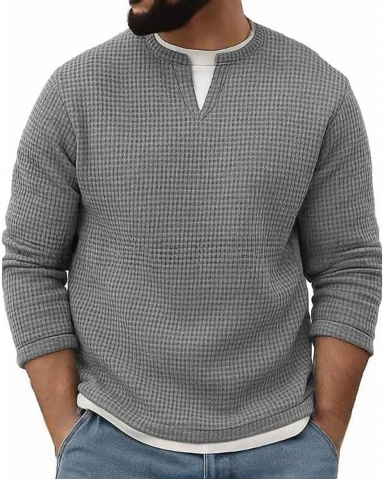 Sweatshirts Men's Pullover Crew Neck Hoodie Long Sleeves Thermal Shirt 2 in 1 V Neck Fleece Thermal Tops Base Layer Undershirt Knitted Pullover Men's Hoodie