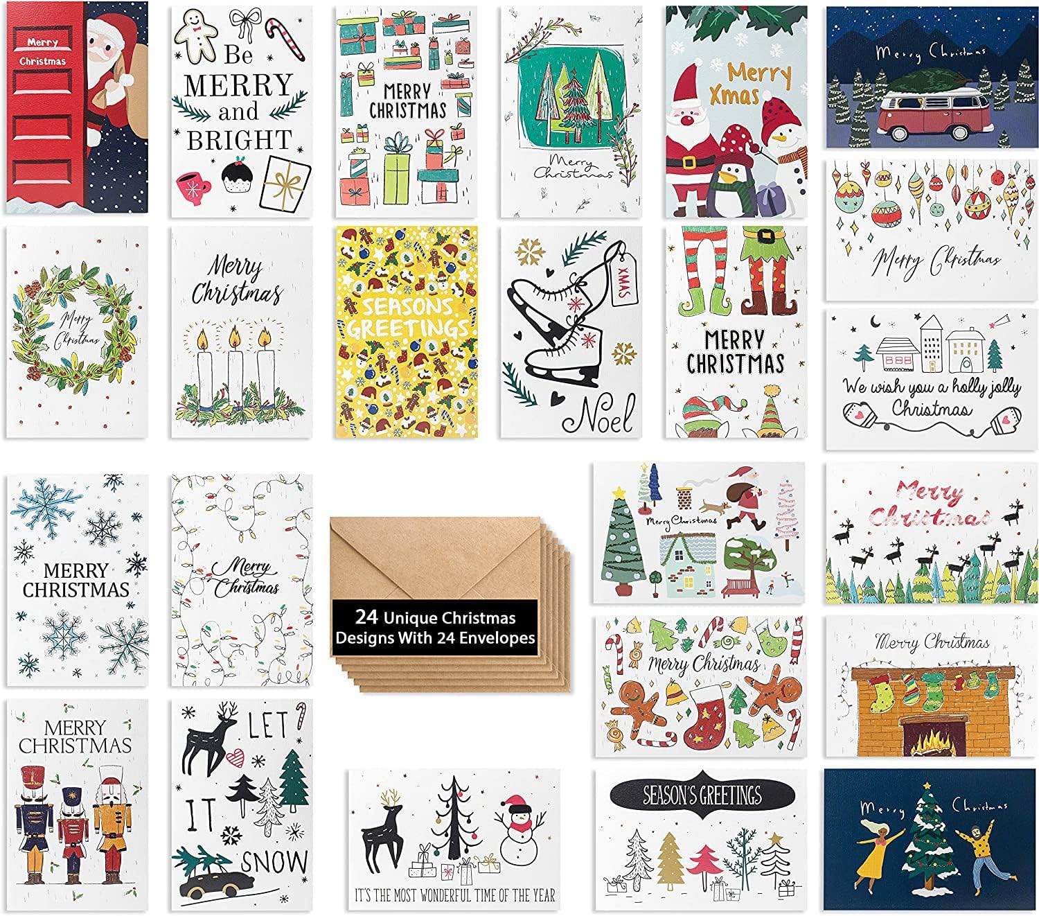 24 Unique Christmas Cards - Beautiful Christmas Cards in 24 Hand Drawn Designs - Merry Christmas Greetings Cards - Assorted Christmas Cards - Joyful Christmas Cards With 24 Envelopes, 4 x 6 Inch