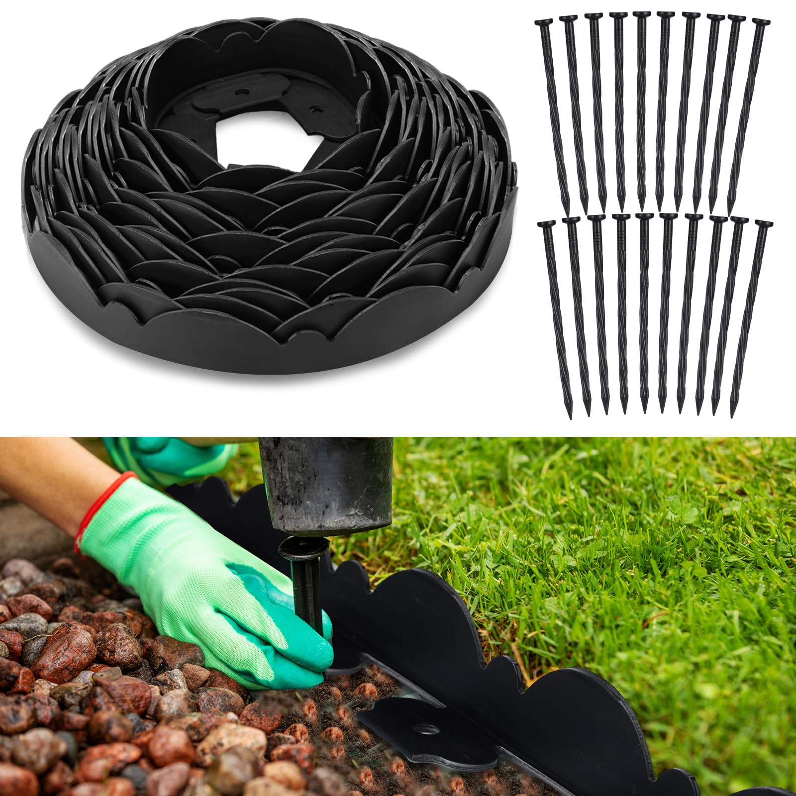 FoldTier 50FT Landscape Edging, No Dig Garden Edging Border with Anchoring Stakes Rubberific Plastic Anti UV Paver Edging for Landscaping Garden, Flower Beds, and Lawn (L-Angle)
