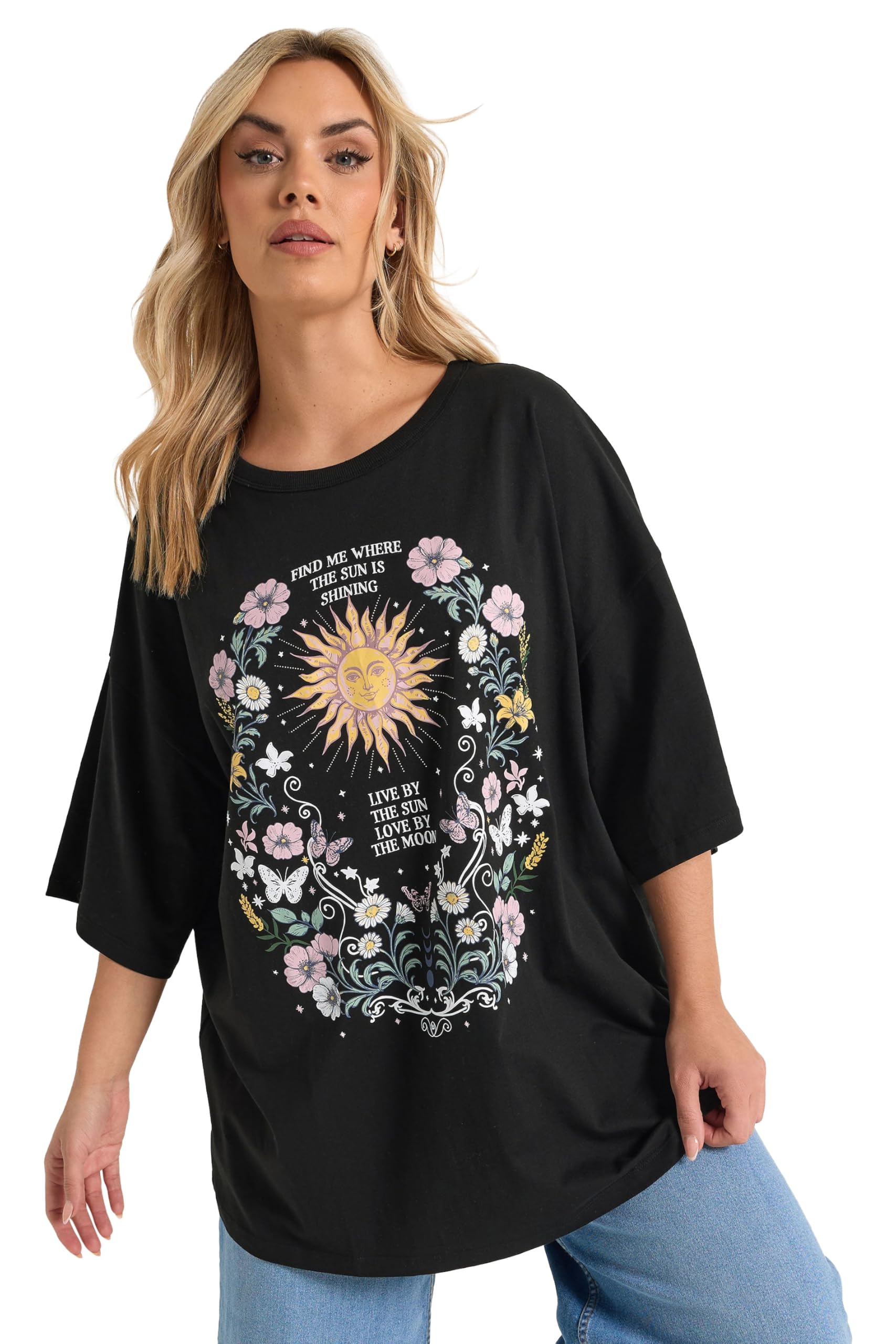 Yours Women's Black Floral & Sun Graphic Boxy T-Shirt In | Size: 22/24