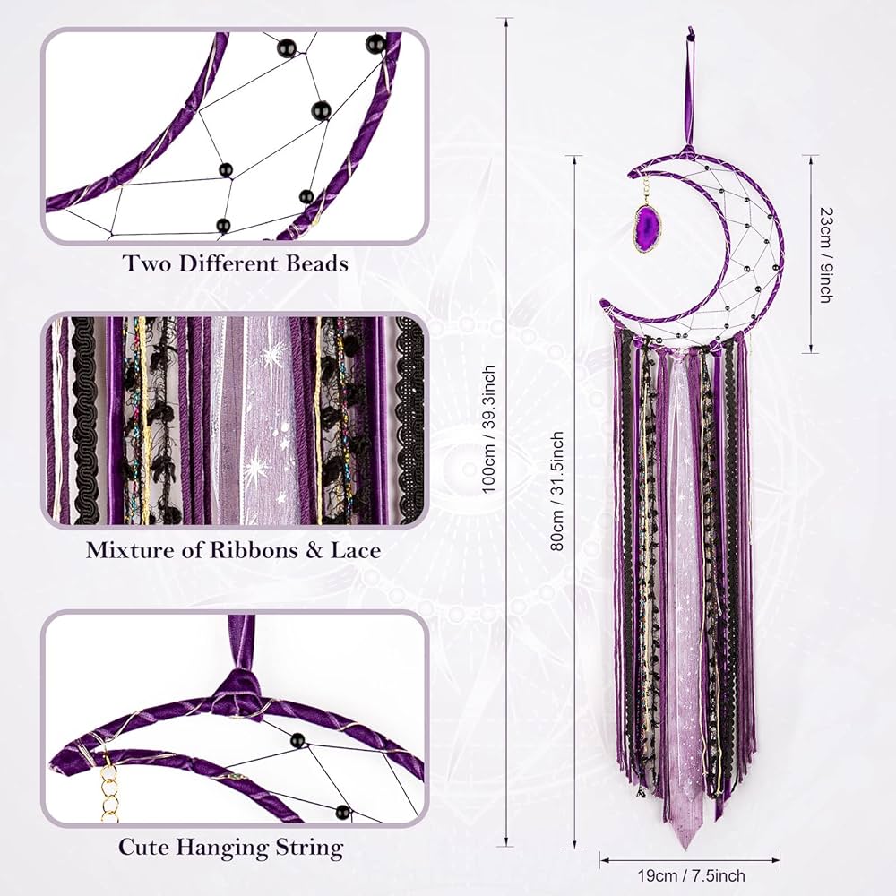 Witchy Crescent Moon Dream Catcher with Purple Agate, Witch