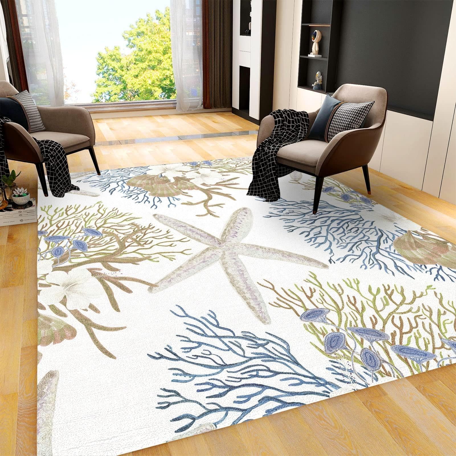 Tapis de Salon Étoile De Mer Corail Coquillage Tapis Chambre Nautique Plage Océan pour Décor de Cuisine Et de Salle à Manger 80 x 150 cm