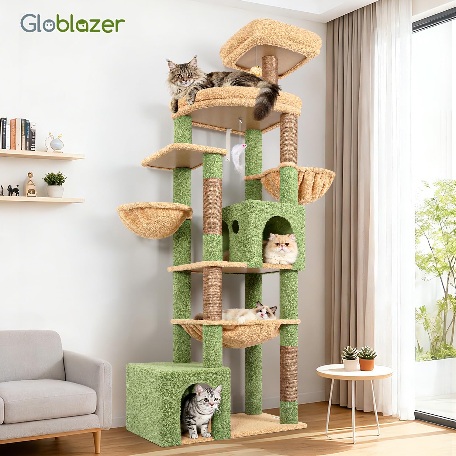 Globlazer Albero Tiragraffi per Gatti XXL 194 cm con 2 Grande Grotte, Immenso Amaca 50 * 40CM, Piattaforma Imbottiti, 2 Cestini, Trespoli, Enorme Cactus Tiragraffi per 3-5 Gatti Adulti (S76B, Verde)