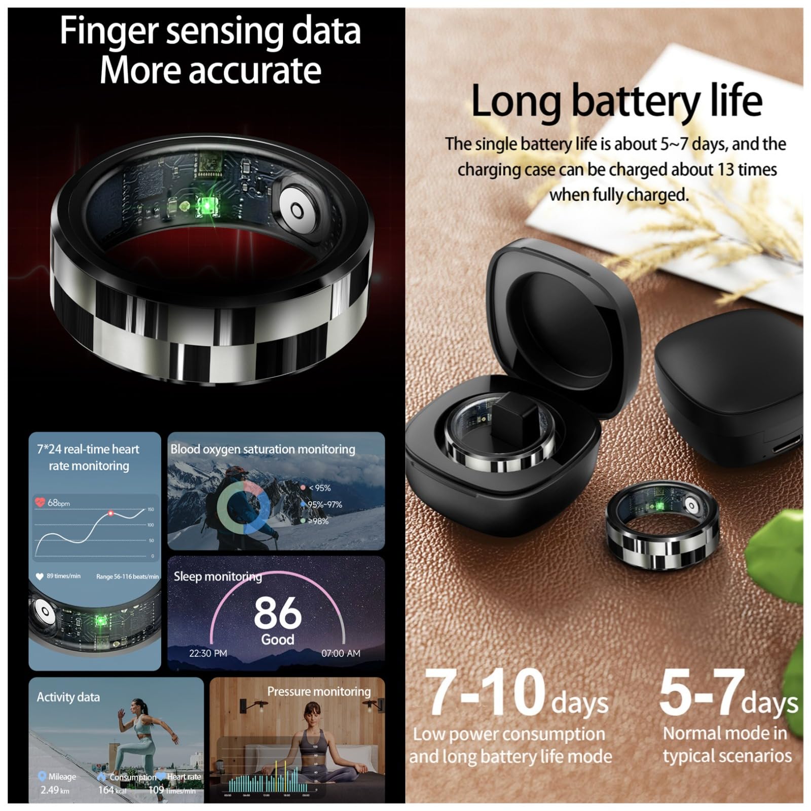 Smart Rings Tracker zdrowia, monitor aktywności z tętnem, tlenem we krwi, ciśnieniem krwi, trackerem aktywności, grami somatosensorycznymi, kontrolą gestów, do iPhone'a z systemem Android