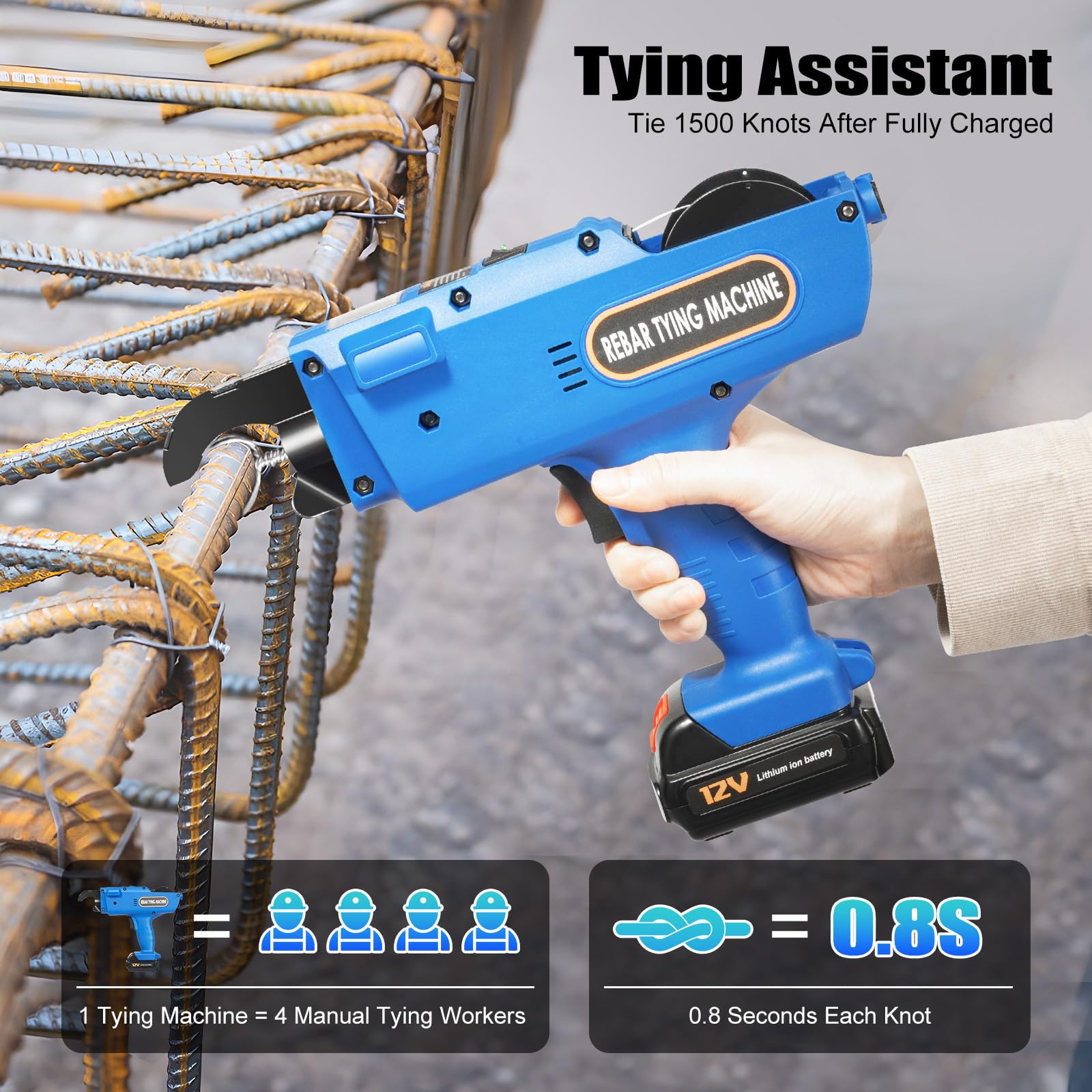 4500 mAh Machine à ligaturer les fils Machine à ligaturer les barres métalliques Rebar Tying Machine de reliure électrique Lieur fil fer d'armatures Professionnel Automatique Pince (Bleu)