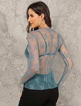 Ugerlov Women's Sheer Top Long Sleeve Mesh Top Mock Neck