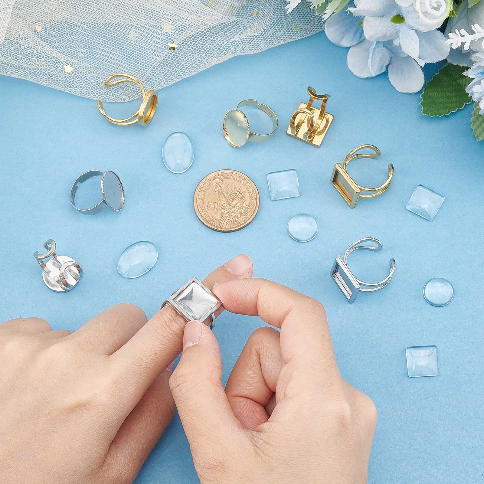 UNICRAFTALE Ring-Rohlinge – 20 Stück, Halbrund, 6 Mm Tablett, Edelstahl, Mit Glascabochons