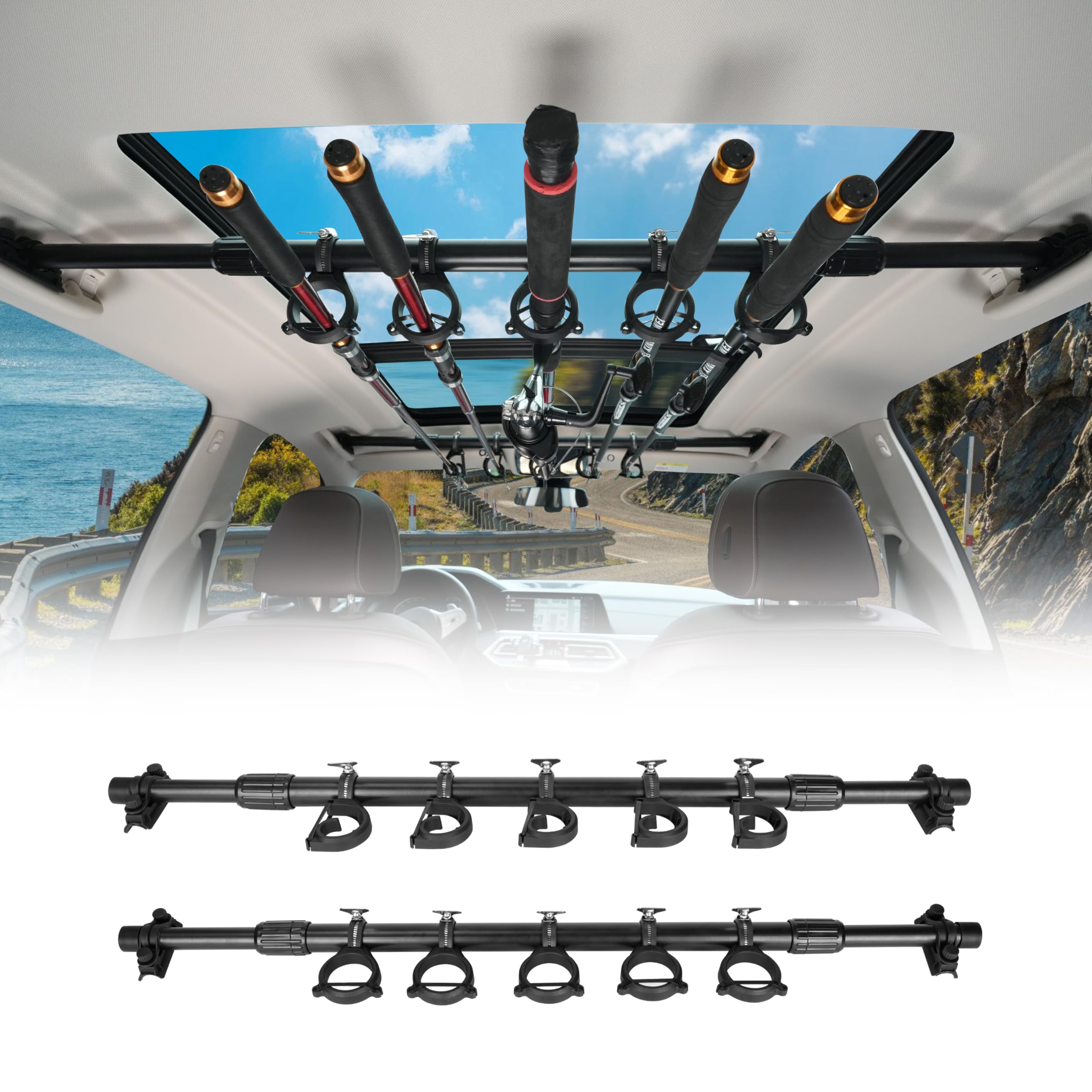 BOOSTEADY Fishing Rod Holder for Car Storage, Vehicle Fishing Pole Holder Roof Rack Inside,5 Rod Capacity, Heavy Duty Adjustable 29-48 Inch, Fishing Rod Carrier Pole Storage for SUV, Wagons, Van