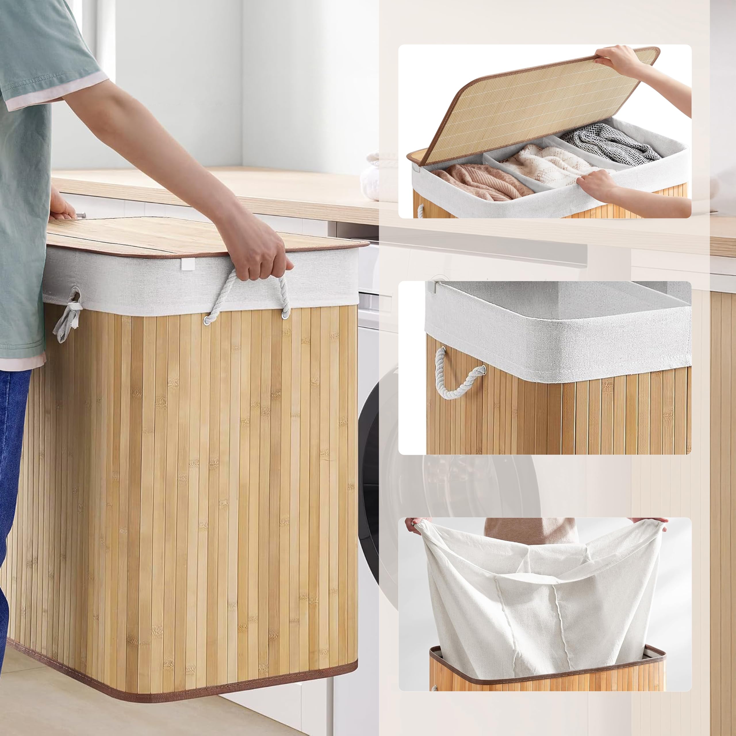 Panier à linge 3 compartiments FALSTER XXL B, 150 L, collecteur de linge avec couvercle, boîte à linge en bambou avec poignées, fonction pliable pratique, brun