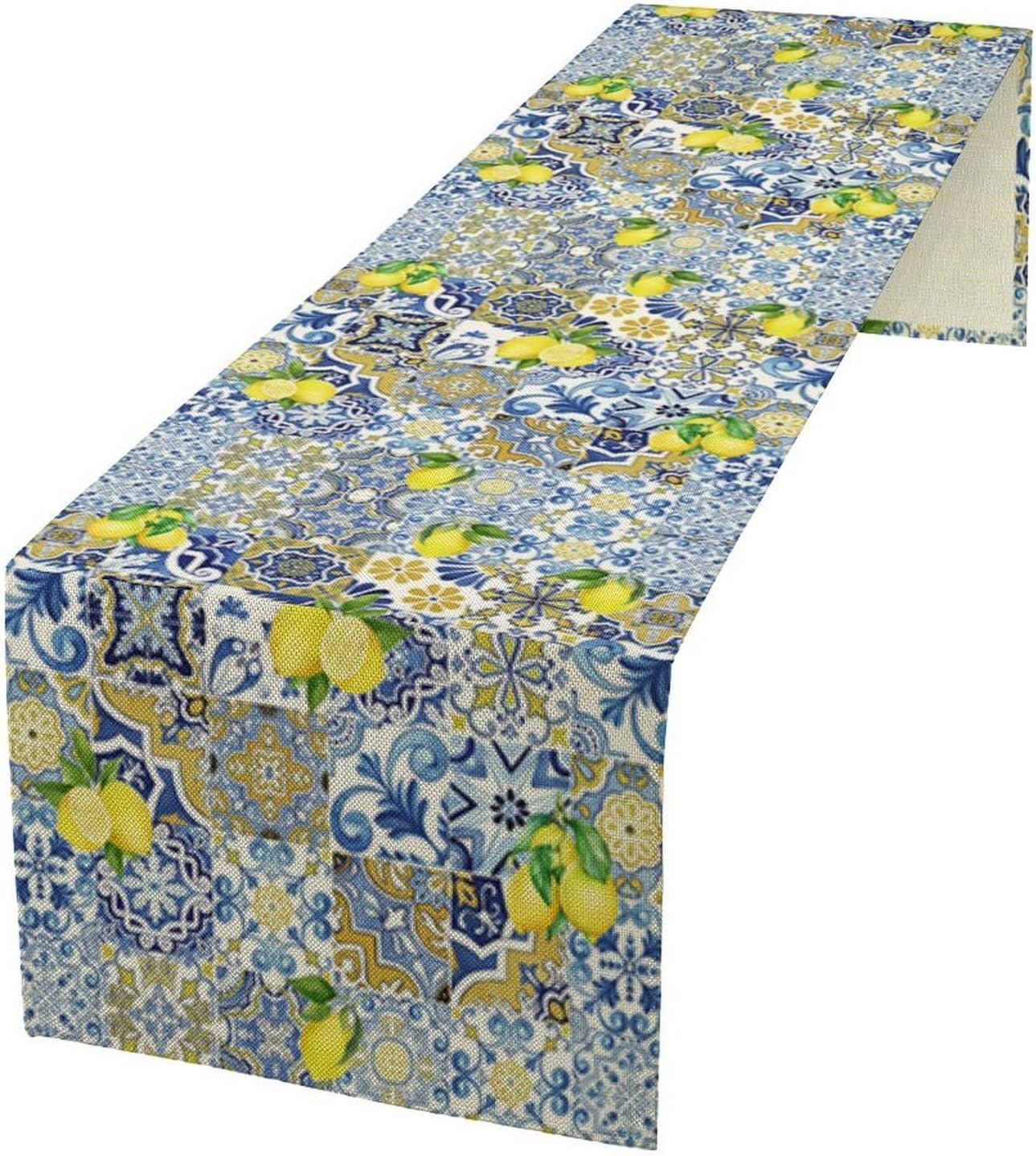 Farmhouse Rustic Lemon Table Runner,Vintage Morocco Blue Tiles Mediterranean Summer Fruit Print Table Runner for Kitchen Dining Table Home Party Decor 13x108in