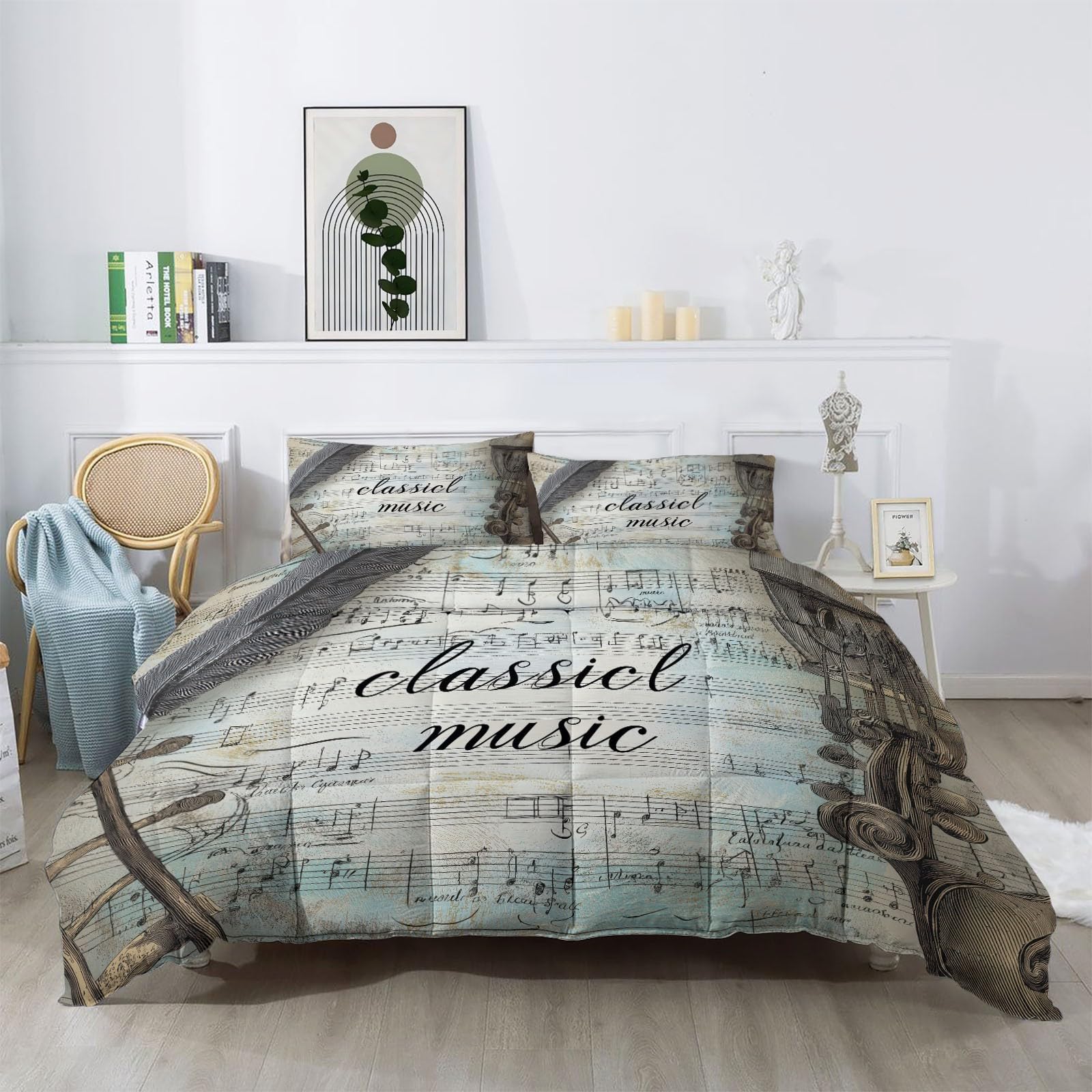 Coverless - Piumone reversibile con note musicali e strumenti musicali, 200 x 200 cm, stampato, matrimoniale, 4,5 tog, per tutte le stagioni, stile retrò, elegante, trapuntato, anallergico, grigio blu