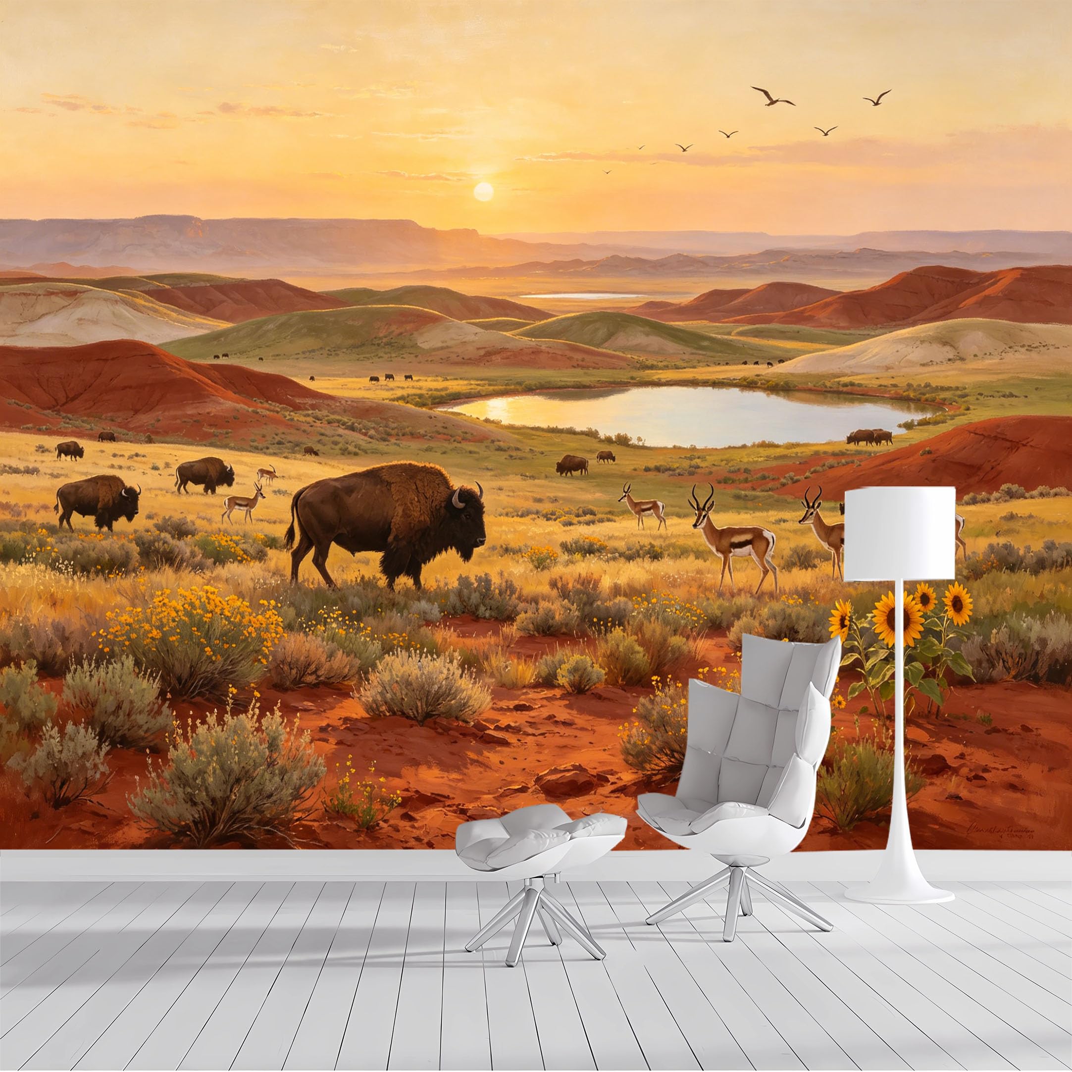 Custom Size Wall Mural Bison Antelope Prairie Sunset Landscape Oil Painting SelfAdhesive Wall Fabric Removable Peel and Stick Wallpaper Wall Decor for Living Room Bedroom Bathroom