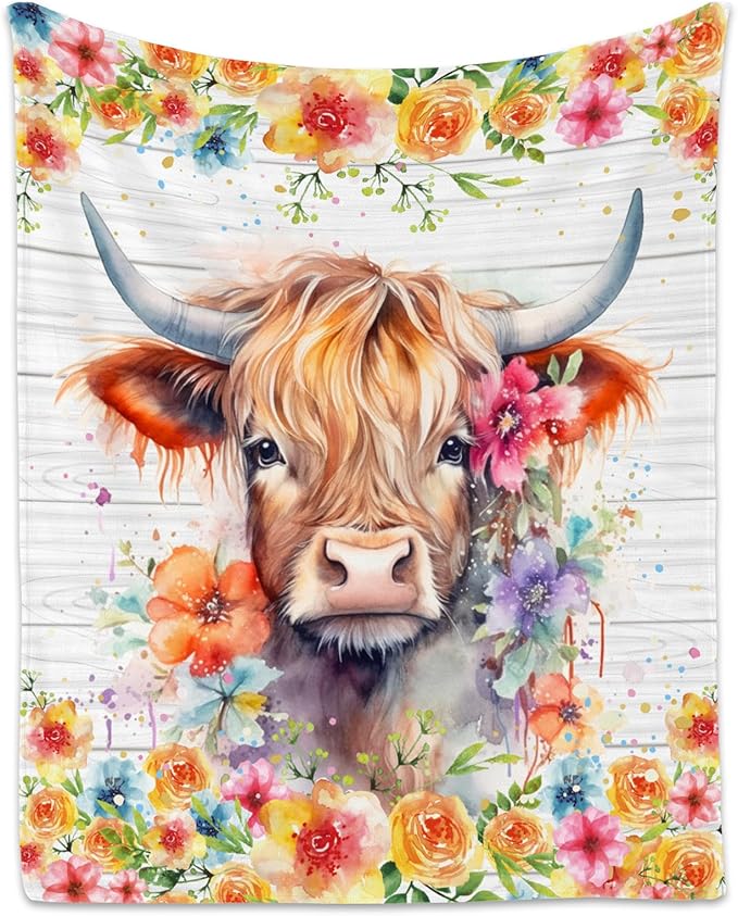 Highland Cow Blanket, Cozy Soft Throw Gifts for Women, Cute Colorful Flannel Throw Blankets for Couch Office, 60x80 Inches