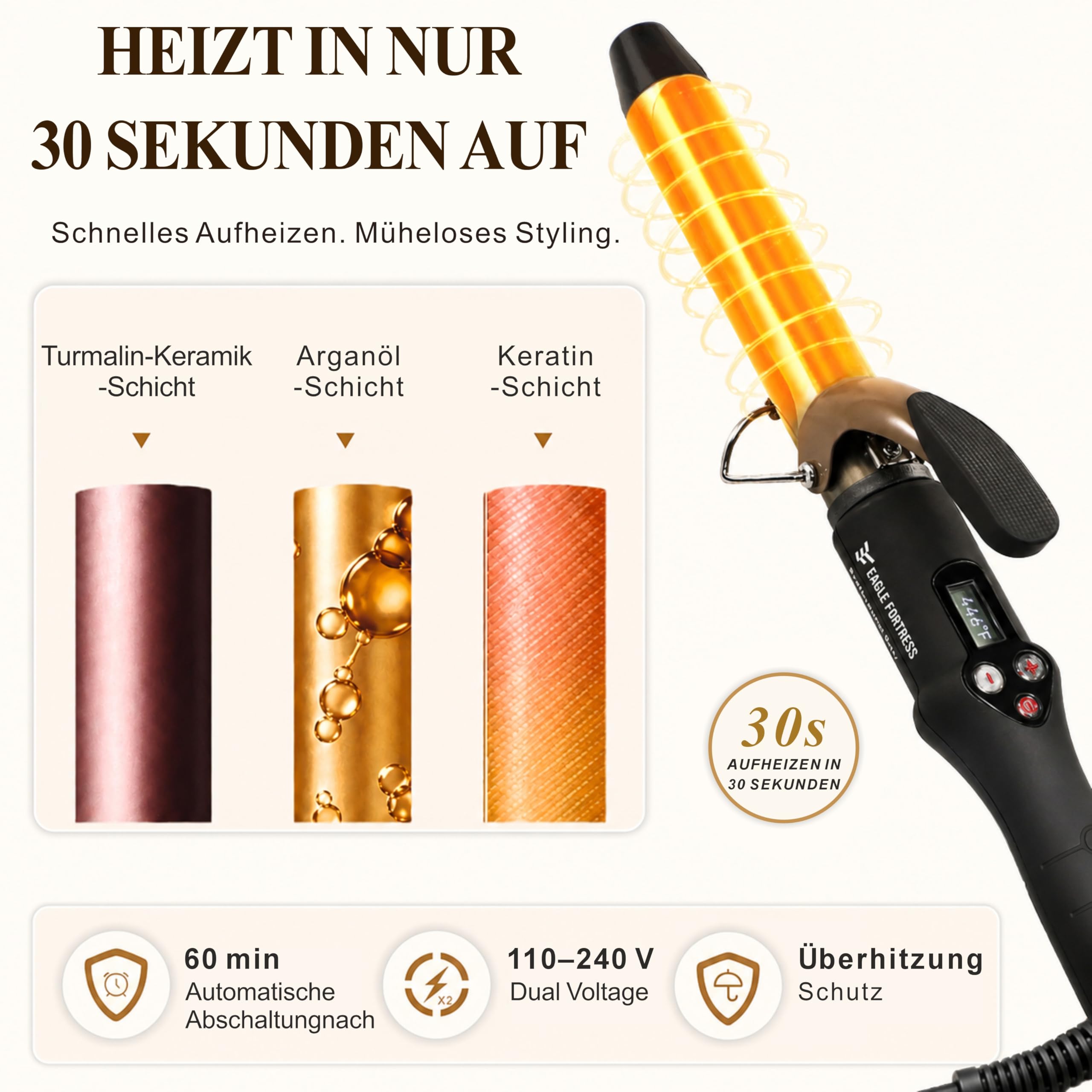 Fer à boucler professionnel avec écran LCD, 30 secondes, chauffage rapide, 60 °C à 230 °C, fer à boucler en céramique en aluminium avec pince, qualité salon pour tous les types de cheveux, câble