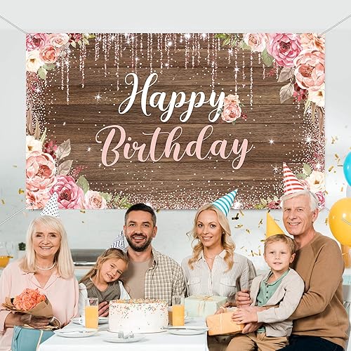 Miniatura 7 de Decoraciones de fondo de feliz cumpleaños para mujeres, suministros de fiesta de fondo, fotografía de fondo de rosa para niñas y niños, pancarta de