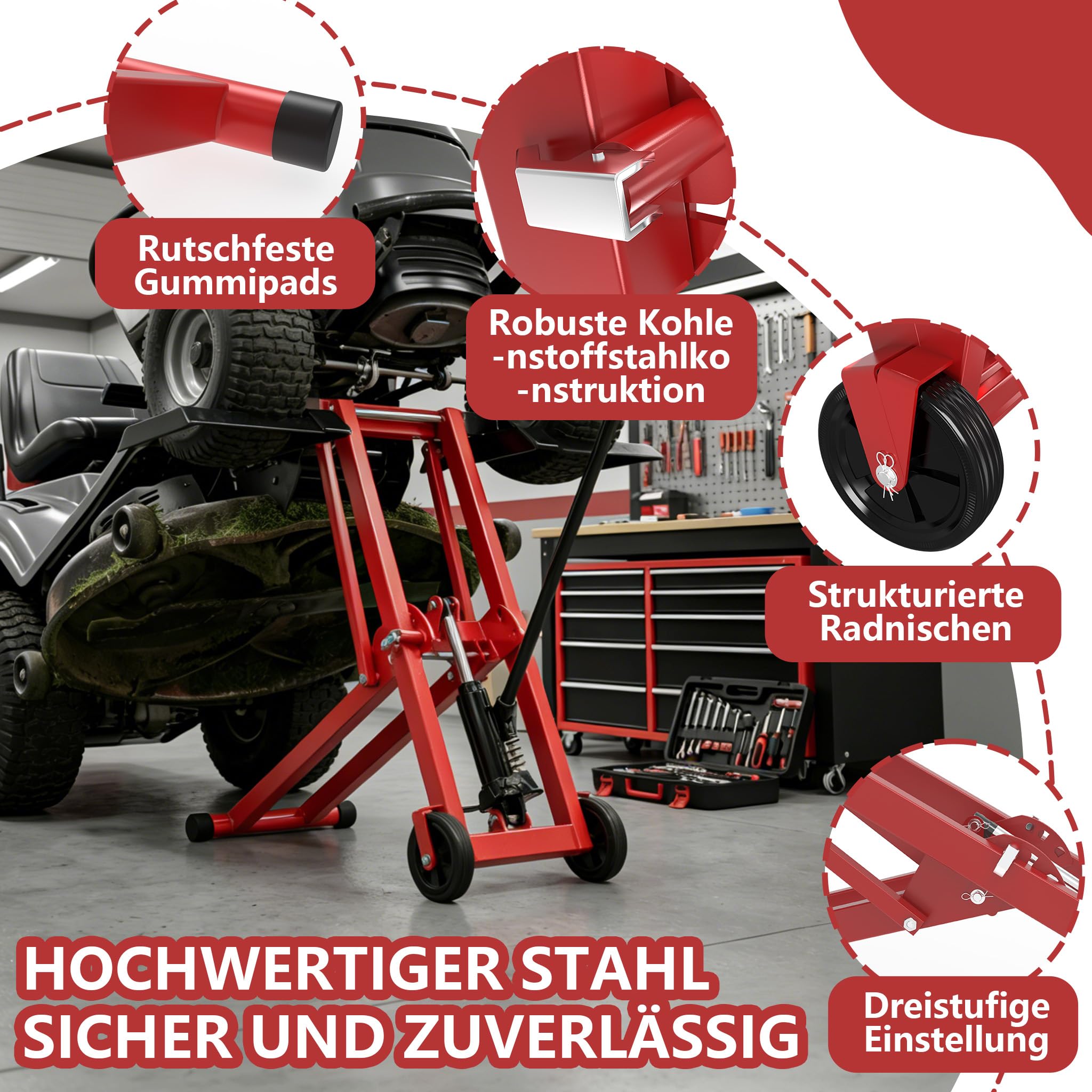 Froadp Elevador de tractor de césped de hasta 227 kg, elevador de cortacésped con altura de elevación de 3 niveles, cojín ajustable, elevador de césped de acero con ruedas, elevación de mantenimiento