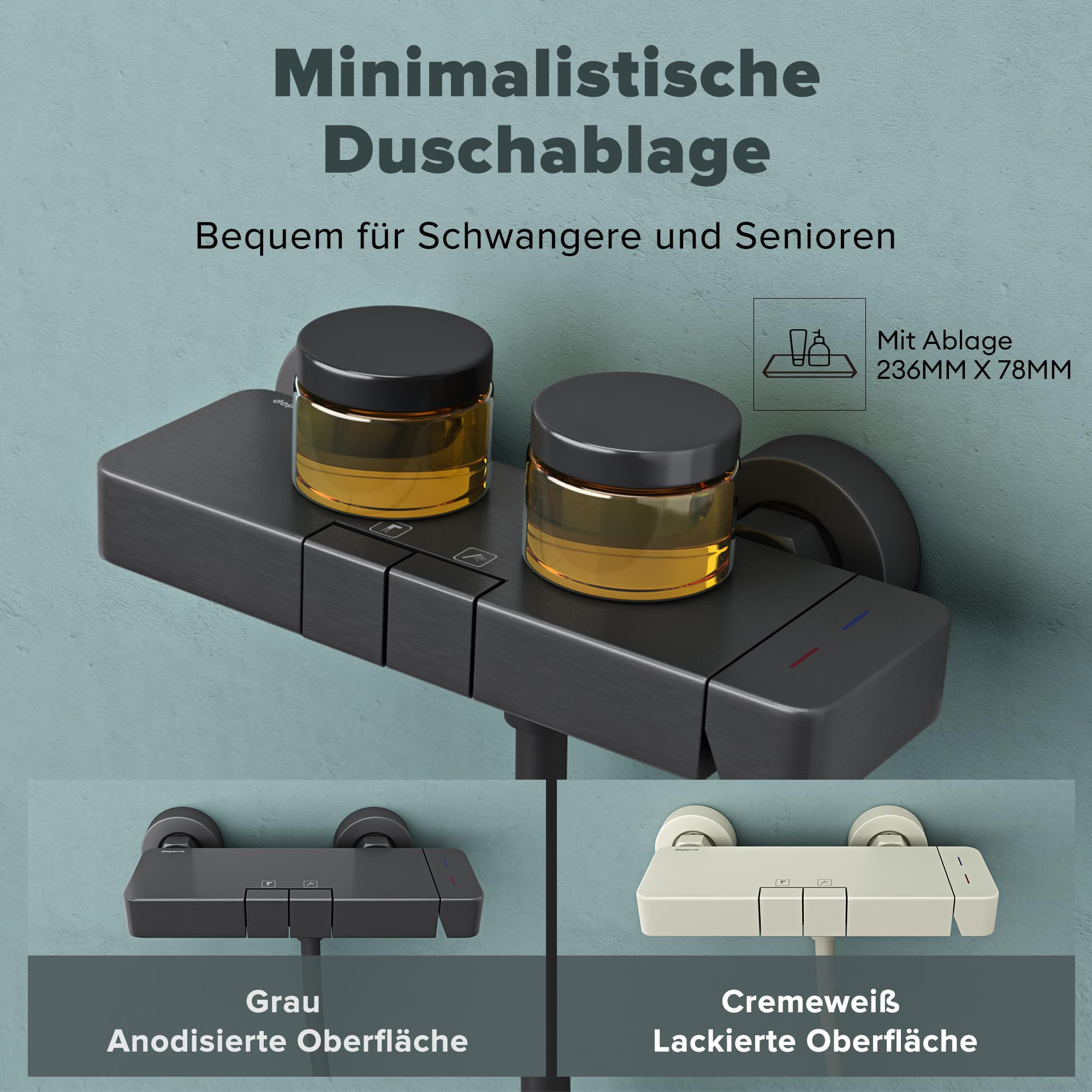 doporro Duschsystem mit Regendusche, Duscharmatur Komplettset Grau | Duschgarnitur mit Regendusche aus Aluminium, Dusche komplett 3 Strahlarten, höhenverstellbar Duschbrause Thermostat Arvexa-02