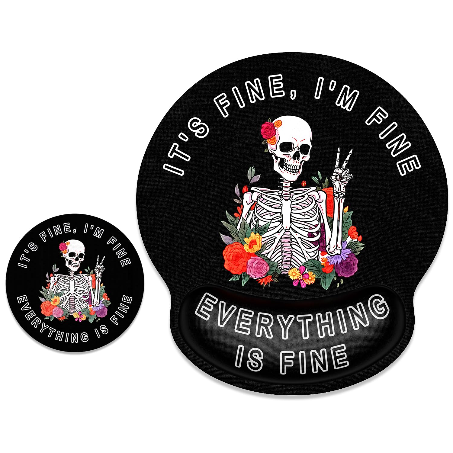 ITNRSIIET Ergonomic Mouse Pad with Wrist Support Wrist Rest Smooth Surface Non-Slip Rubber Base Comfortable Office Supplies Pain Relief, 9.8 x 9.1 inches,Flower Skull