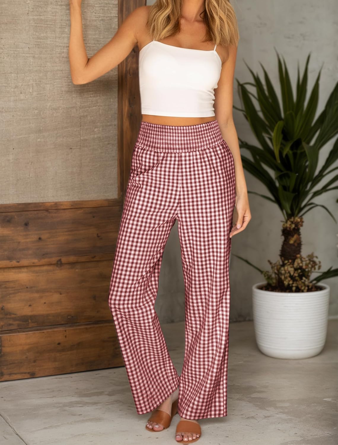 Womens Gingham Pants Cotton Wide Leg Plaid Pant Elastic Waist Lounge Pajama Bottoms Y2K Beach Vacation Trousers with Pockets - Image 5