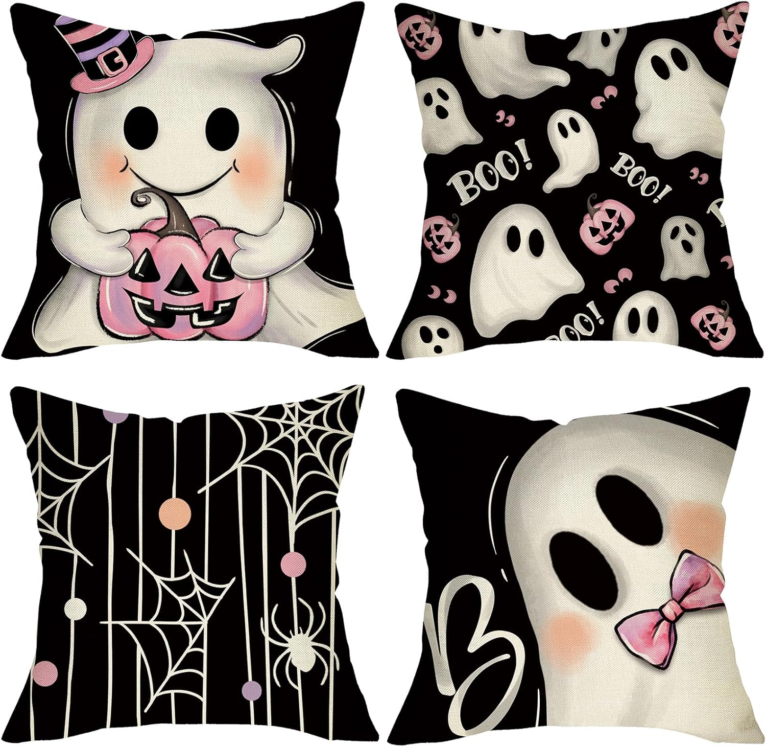 Halloween Spooky Ghost Boo Decorative Throw Pillow Covers 18 x 18 Set of 4, Black Pink Jack O Lantern Pumpkin Porch Outdoor Home Decor, Funny Spider Web Polka Dots Couch Cushion Case