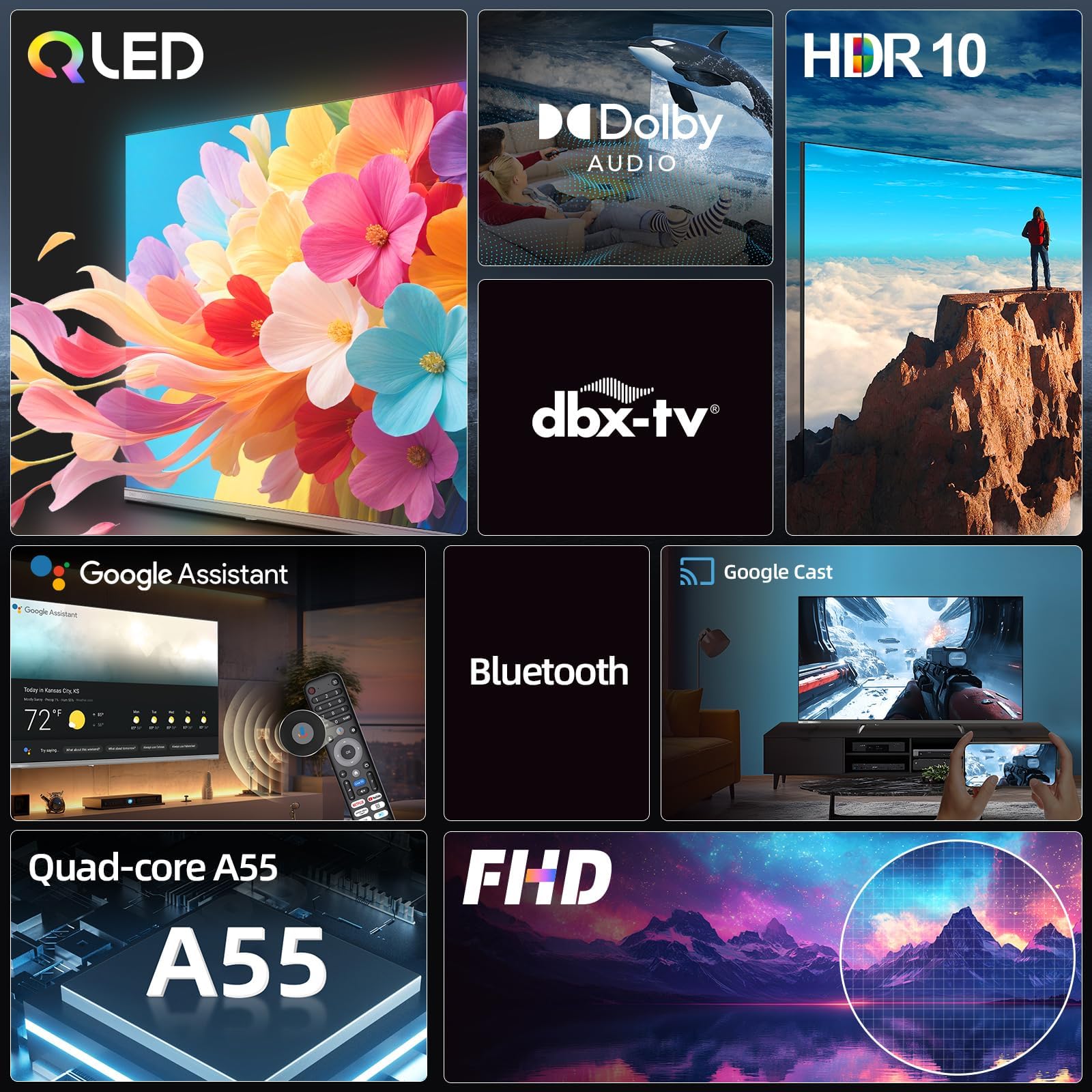 CHiQ TV 32 Pouces FHD QLED Google TV HDR10 (L32QST) | Compatible avec Apple AirPlay, Dolby Audio, Commande Vocale, Triple Tuner DVB-C/T2/S2