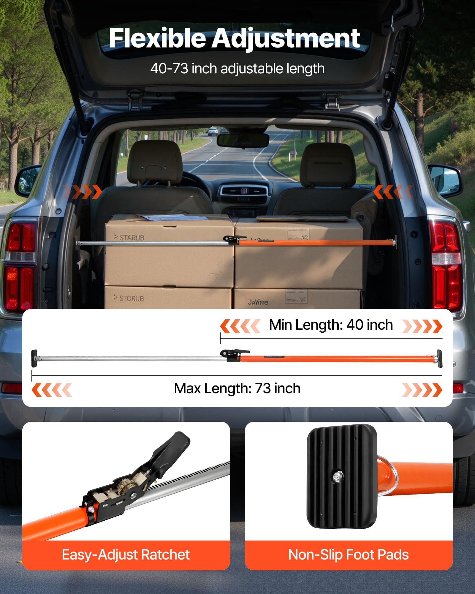 VEVOR Barra de Carga Extensible, con Trinquete Ajustable 1016-1854 mm, Estabilizador de Carga de Acero con Almohadillas Antideslizantes, para Camionetas, SUV, Minivans, Naranja, 1000 x 95 x 61 mm