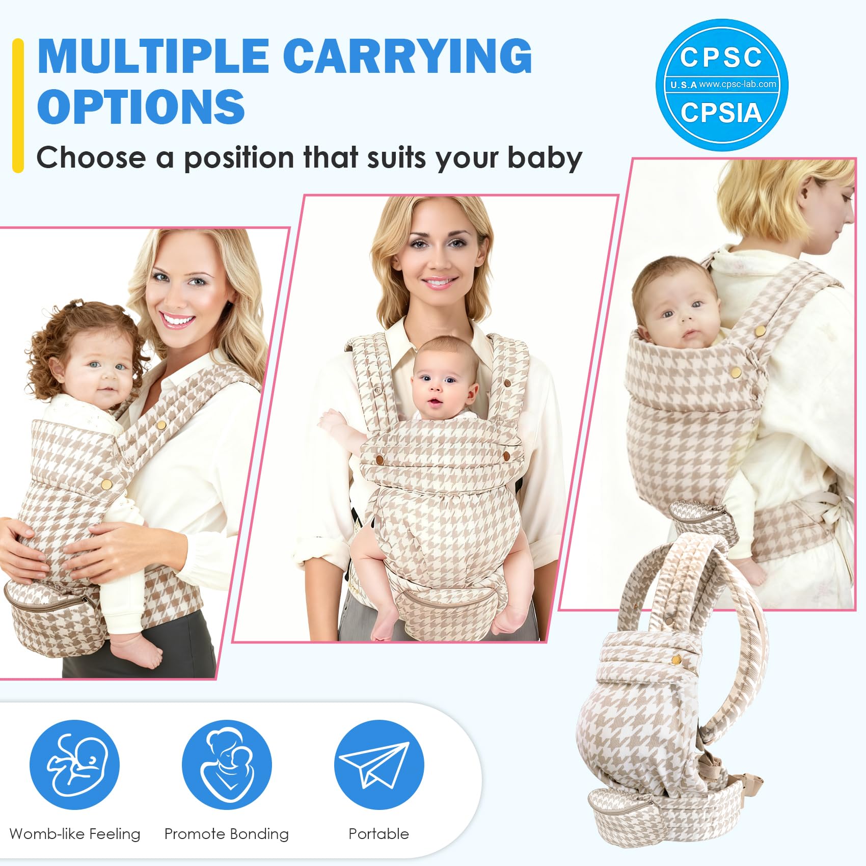 Baby Carrier with Storage Bag, 4 in 1 Front & Back Facing Design, Forward Facing, Adjustable, Baby Essential, Head Support, Baby Carrier for Newborn to Toddler, Champagne Houndstooth