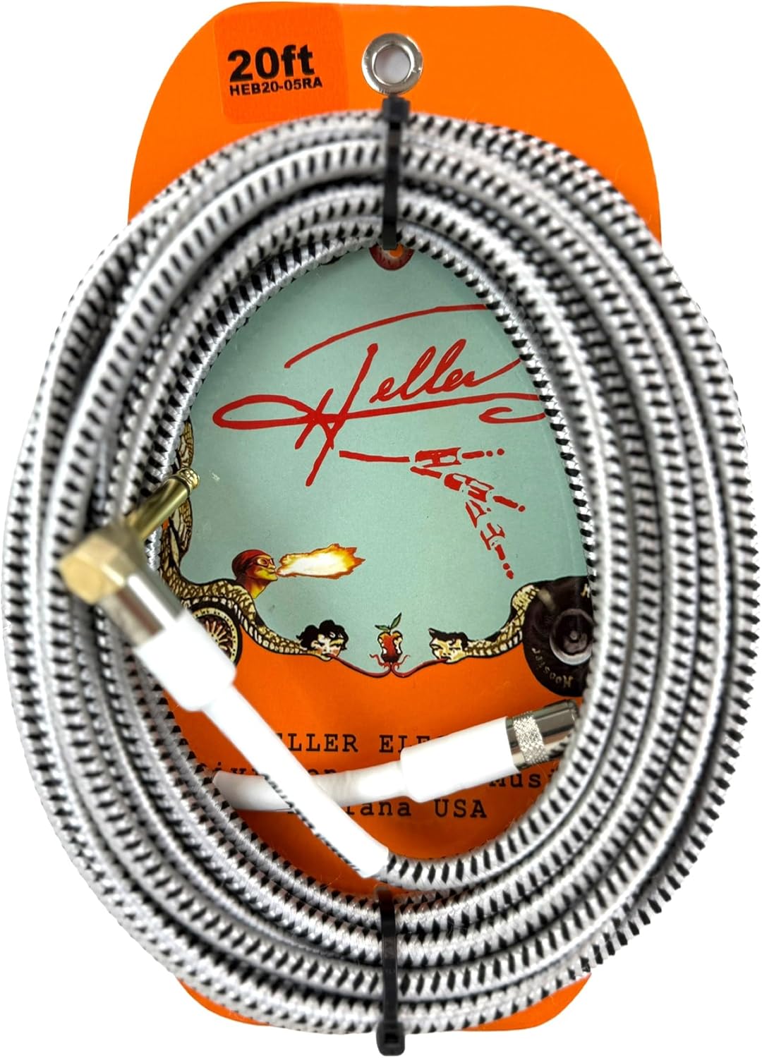 Heller Electric Braid-Matrix ギターケーブル、20フィート、ブラック&amp;シルバーツイード、エレキギ