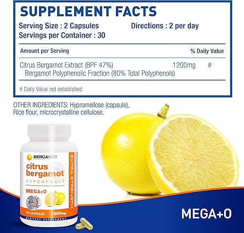 Miniatura 5 de BergaMet Suplemento de bergamota cítrica, extracto 170:1, 1200 mg, 80% polifenoles, suplemento de bergamota cítrica italiana para colesterol alto