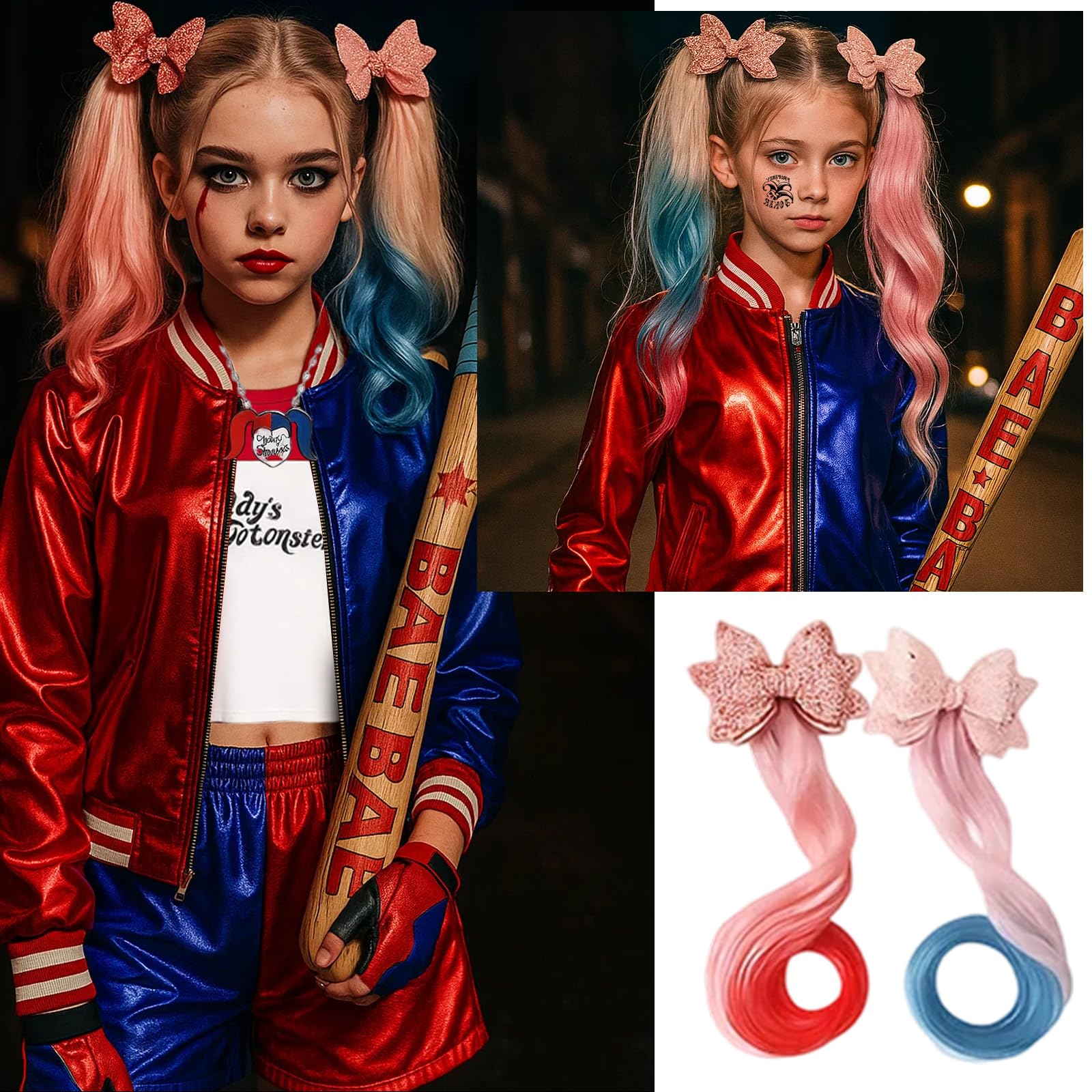 Harley Kostüm Kinder, Halloween Kostüm kinder, 11Stück Set für Mädchen, Karneval Kostüm für Kinder Cosplay Clown Kostüm für Karneval Cosplay Faschings Halloween(120CM/130CM/140CM)