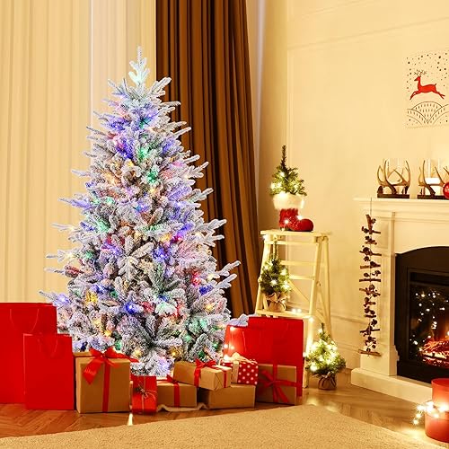 Miniatura 3 de HAPPYGRILL Árbol de Navidad flocado preiluminado de 6 pies, árbol de Navidad artificial con bisagras con 8 modos de iluminación, 260 luces LED